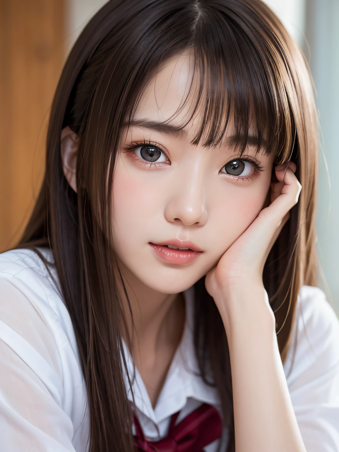 bright expression、photorealisim、top-quality、超A high resolution、a picture、Photos of the most beautiful Nordic girls、Detailed cute and beautiful face、a small face、(pureerosface_v1:0.008)、Beautiful bangs、alice in the wonderland、18year old、Glowing white shiny skin、Hair tangled in the face、Bangs that extend to the face、bangss、Hair between the eyes、Super long hair、Attractive brown silky hair、finer hair、Attractive sparkling beautiful bright clear light blue eyes、School Uniforms、student clothes、eye liner、Double eyelids、ample breasts、Shot up to the thigh、Dynamic Pose