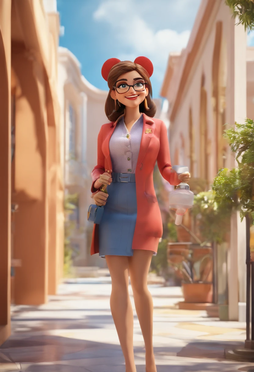 a Disney Pixar style 3D movie poster in high quality with the text "CEO em Empire Lives" Como uma mulher de cabelo castanho claro, feliz com cabelo longo, Blazer, T-shirts and arms crossed. vestindo um casaco branco, Brincos grandes, pulseiras e correntes e maquiagem Ao fundo atendendo pacientes