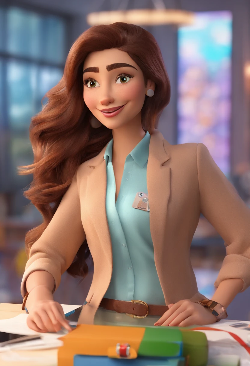 a Disney Pixar style 3D movie poster in high quality with the text "CEO em Empire Lives" Como uma mulher de cabelo castanho claro, feliz com cabelo longo, Blazer, T-shirts and arms crossed. vestindo um casaco branco, Brincos grandes, pulseiras e correntes e maquiagem Ao fundo atendendo pacientes