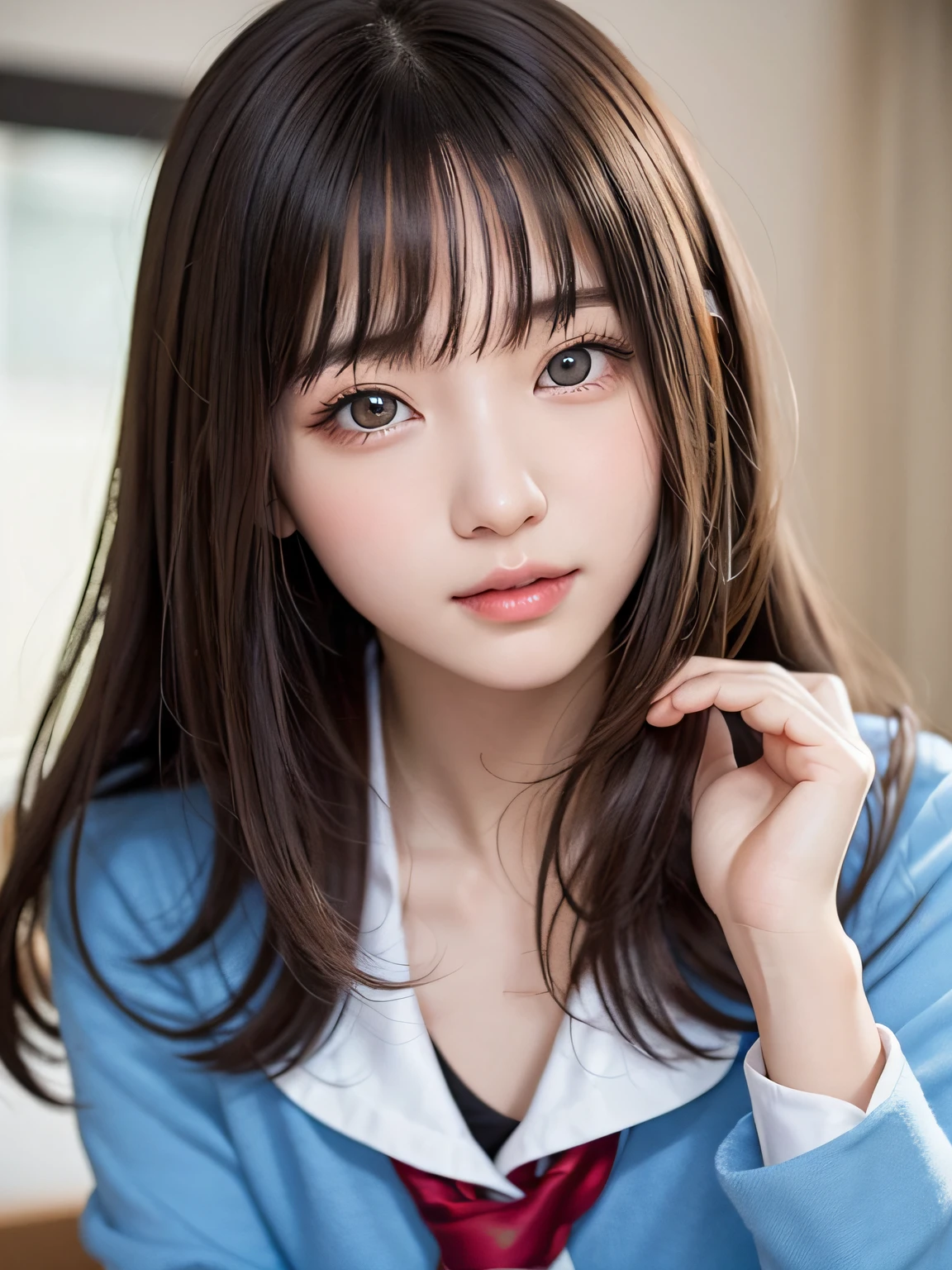 bright expression、photorealisim、top-quality、超A high resolution、a picture、Photos of the most beautiful Nordic girls、Detailed cute and beautiful face、a small face、(pureerosface_v1:0.008)、Beautiful bangs、alice in the wonderland、18year old、Glowing white shiny skin、Hair tangled in the face、Bangs that extend to the face、bangss、Hair between the eyes、Super long hair、Attractive brown silky hair、finer hair、Beautiful bright and clear light blue eyes with a charming sparkle、School Winter Uniforms、School uniforms for winter、jaket、eye liner、Double eyelids、ample breasts、Shot up to the thigh、Dynamic Pose