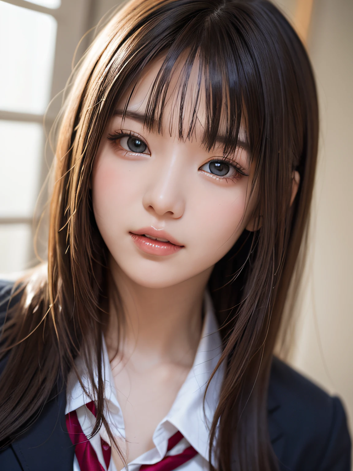 bright expression、photorealisim、top-quality、超A high resolution、a picture、Photos of the most beautiful Nordic girls、Detailed cute and beautiful face、a small face、(pureerosface_v1:0.008)、Beautiful bangs、alice in the wonderland、18year old、Glowing white shiny skin、Hair tangled in the face、Bangs that extend to the face、bangss、Hair between the eyes、Super long hair、Attractive brown silky hair、finer hair、Beautiful bright and clear light blue eyes with a charming sparkle、School Winter Uniforms、School uniforms for winter、jaket、eye liner、Double eyelids、ample breasts、Shot up to the thigh、Dynamic Pose