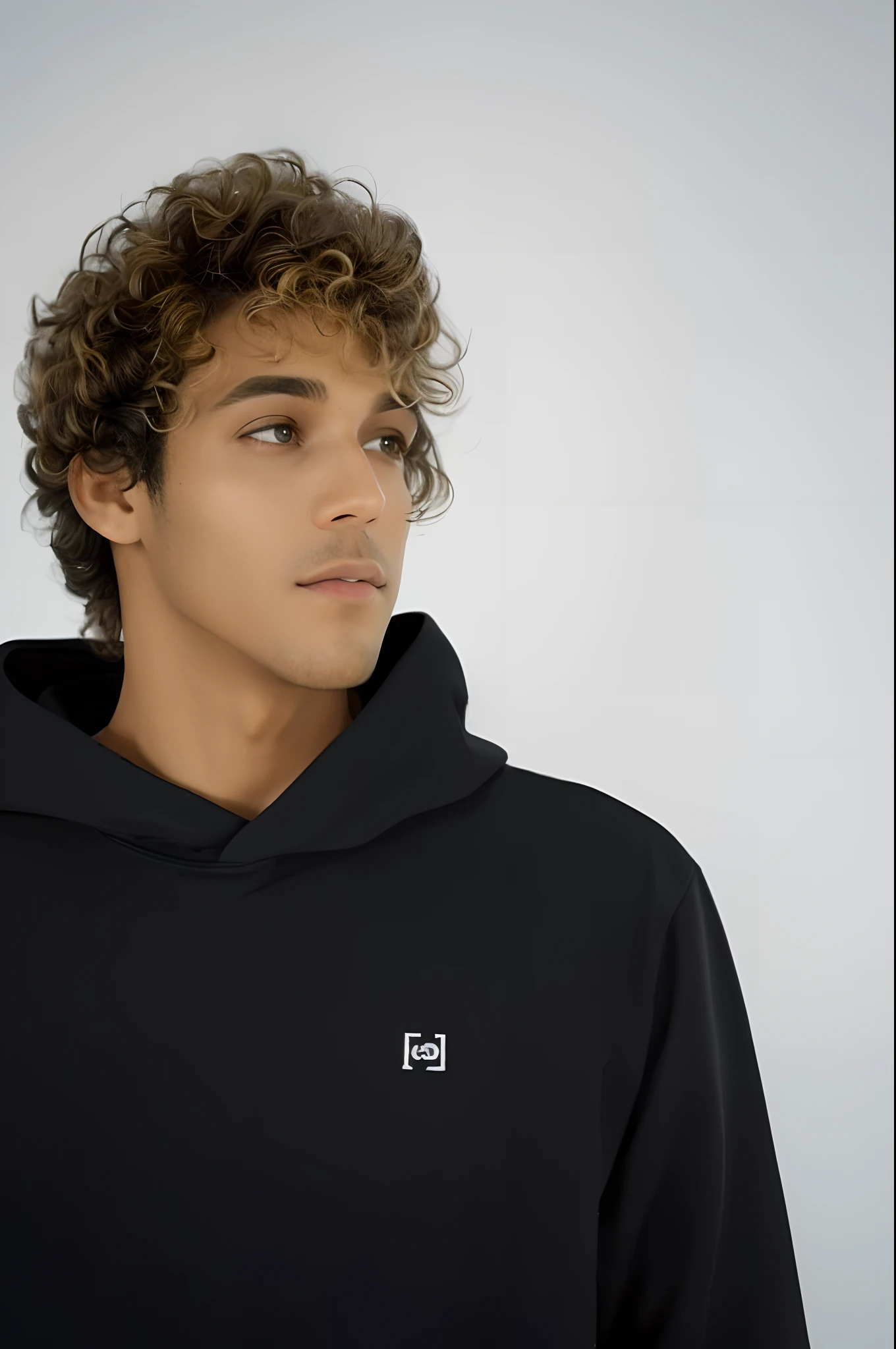 Homem com cabelos cacheados usando um capuz preto, usando um capuz preto, outlive streetwear collection, preto Hoodie Techie, em um moletom preto, capuz preto, Capuz, Ensaio do produto, Hoody, Looking towards the camera, foto oficial do produto, face quadrada, Estilo Temor de Deus, foto do produto em miniatura, imagem frontal, trending on r/streetwear