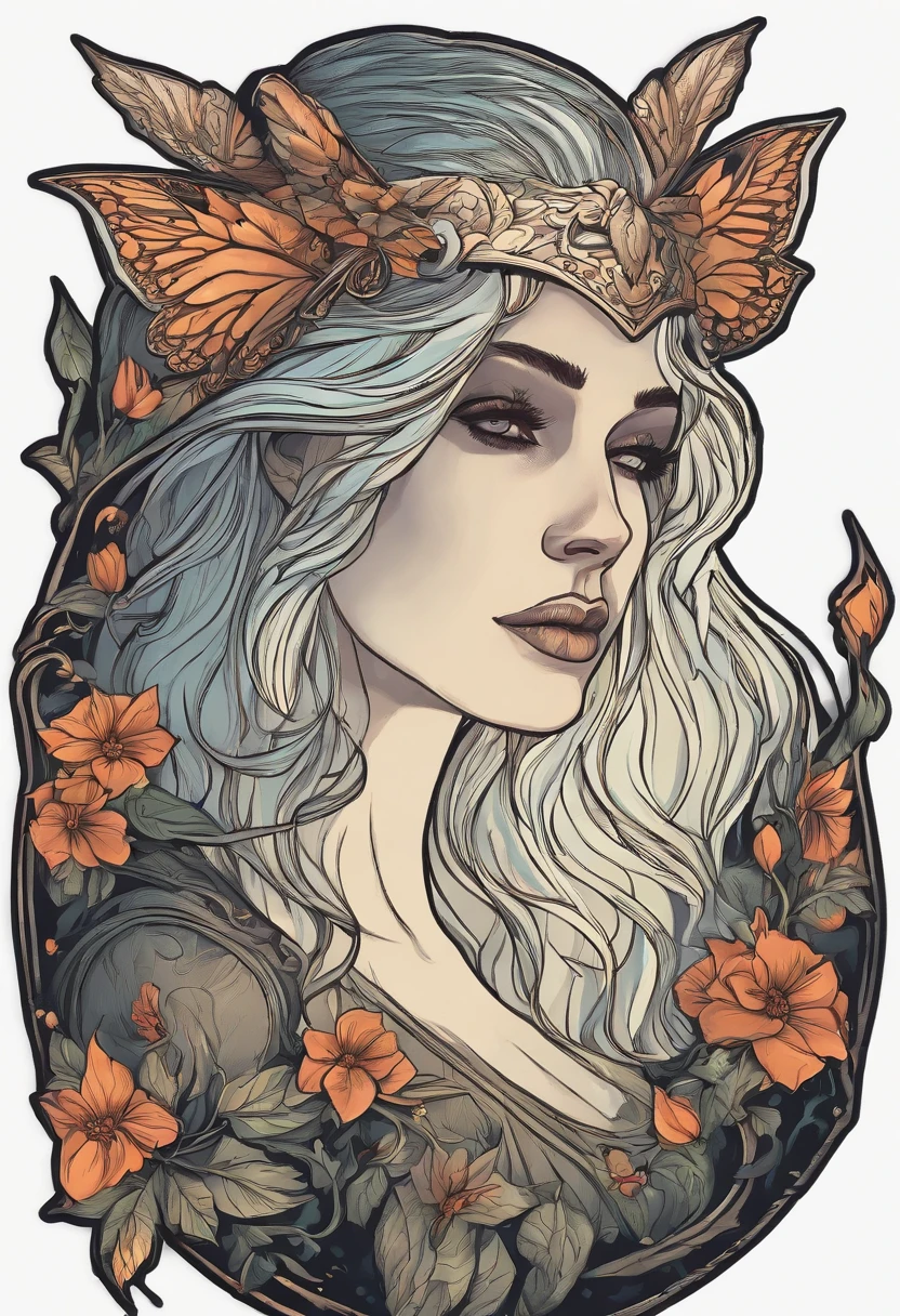 /imagine prompt: elf fantasy illustration for a sticker with a black background, in bold outline style, jagged edges, trashcore, light shading --v 5.2