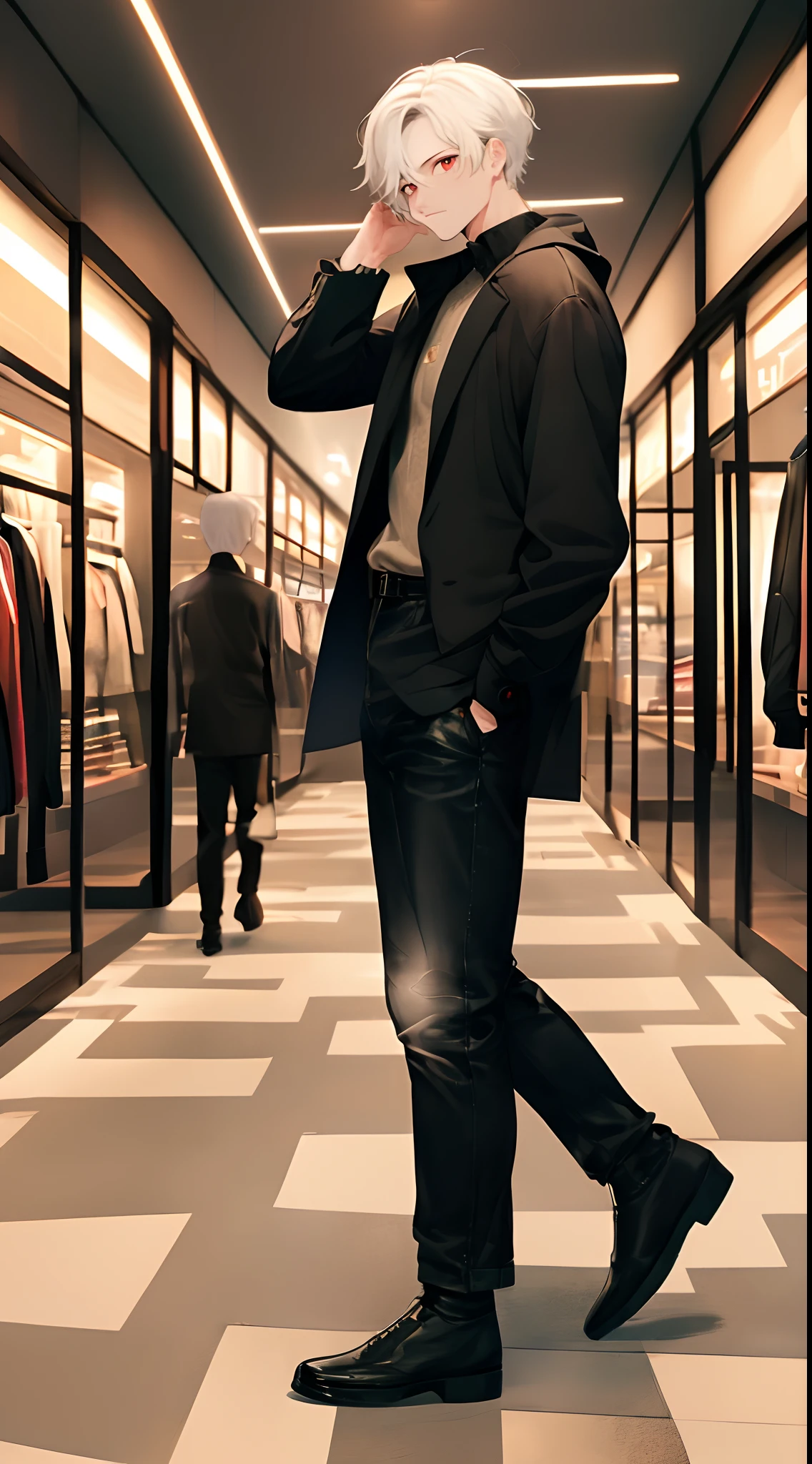 (4K works))、​masterpiece、(top-quality)、((In front of the department store))、Korean Male、Adult male、((Adult 50 years old))、((Adult uncle type))、((Leather Jeans Style))、((Face similar to Hyunjin))、Cool Men、tall、((Gentle face))、((Cool werewolf fashion in black))、((Long sleeve long trouser style))、((Smaller face))、Slim body、((Uncle))、((white  hair))、((white short-haired))、((Red Eyes))、((shot from front))、((Shot alone))、((Solo Photography))、Professional Photos、((Reach out to your audience))、((He walks in front of the viewer))、((dad bod))、