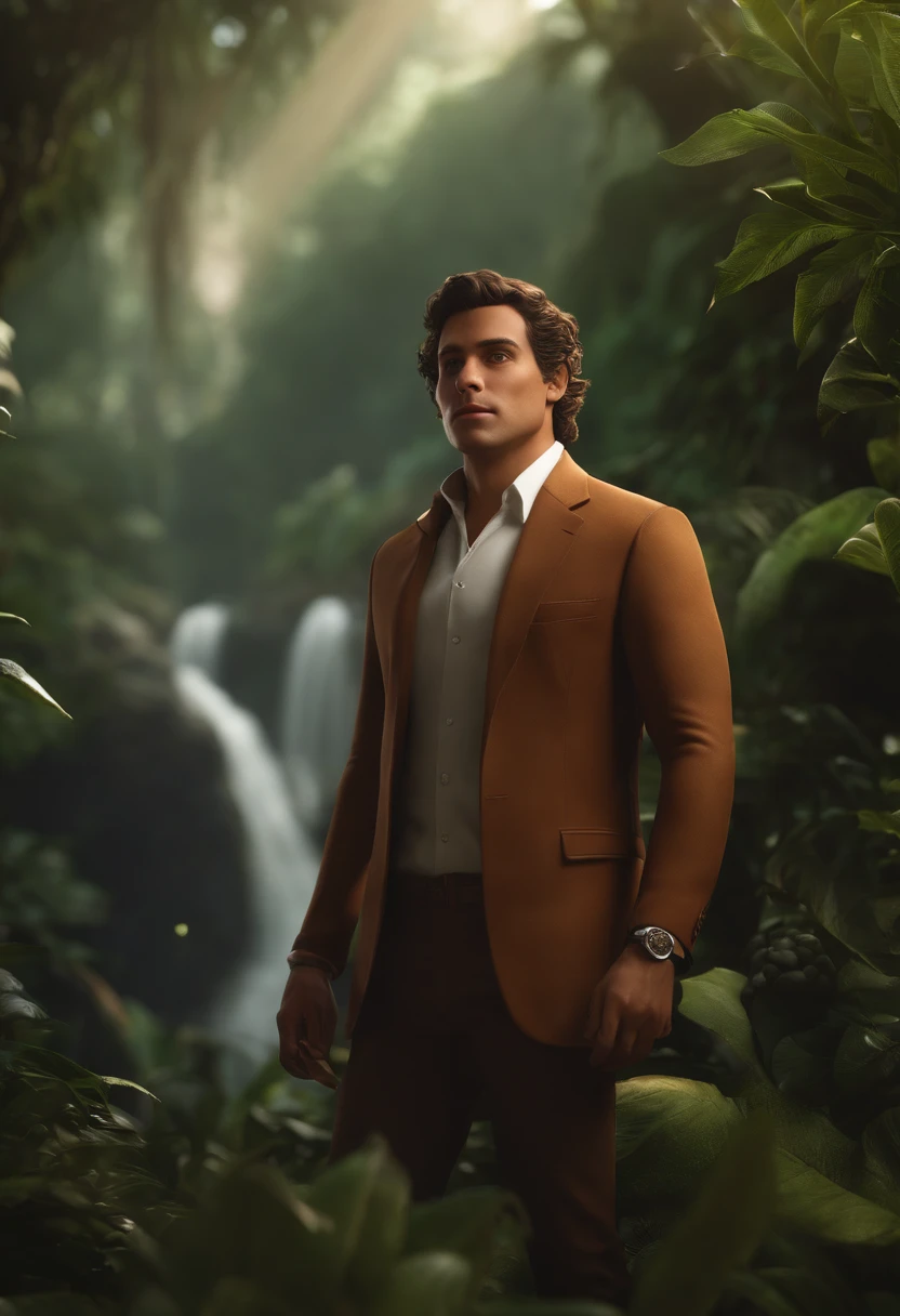 I would like a disney pixar style animation in 3D in 4K, with the title: leone, ○ The Plant Tamer Scenery is in the middle of nature with exotic plants, verdes e uma cachoeira atras. The main character is
A wonderful man of approximately 28 years old.
His skin is white, olhos castanho, cabelo castanho medio para o lado e liso.
The main character's outfit is a blazer in brown color with
White Shirt.
I'd like to have a plant in the character's hand and around him as well.