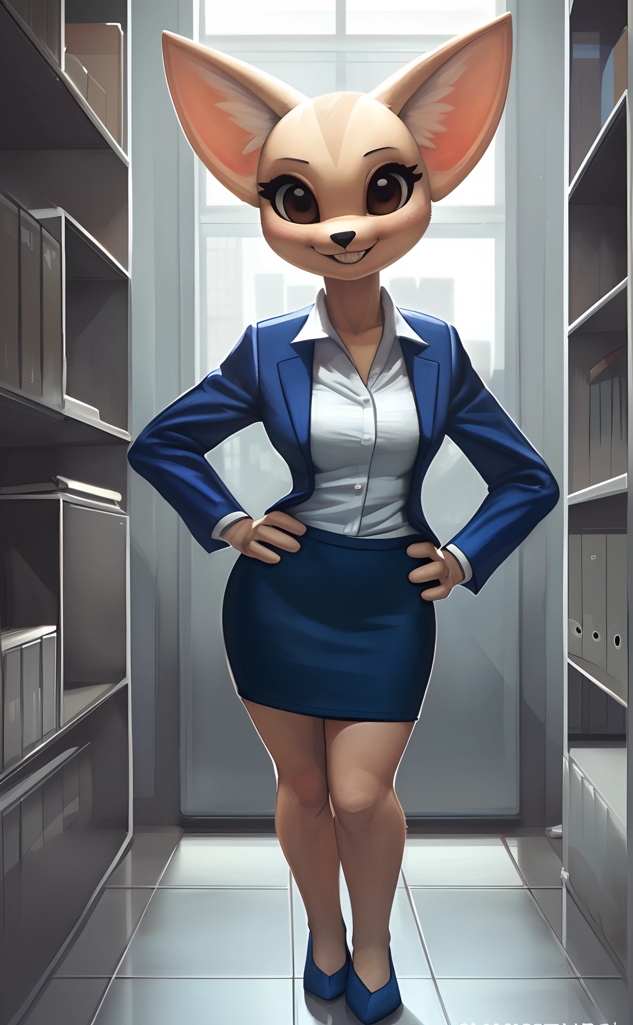 [fenneko], [aggretsuko], [Uploaded to e621.net; (Pixelsketcher), (wamudraws)], ((masterpiece)), ((HD)), ((solo portrait)), ((front view)), ((feet visible)), ((furry; anthro)), ((detailed fur)), ((detailed shading)), ((beautiful render art)), ((intricate details)), {anthro; (slim figure), beige fur, black nose, cute brown eyes, (short eyelashes), fluffy tail, (gorgeous hips), (beautiful legs), (beautiful feet), (excited grin), (cute fang)}, {(office woman), (blue blazer sweater), (short blue pencil skirt), (blue heels)}, {(standing), (hands on hip), (looking at viewer)}, [background; (cubicles), (white walls), (window), (blue sky), (sun rays)]