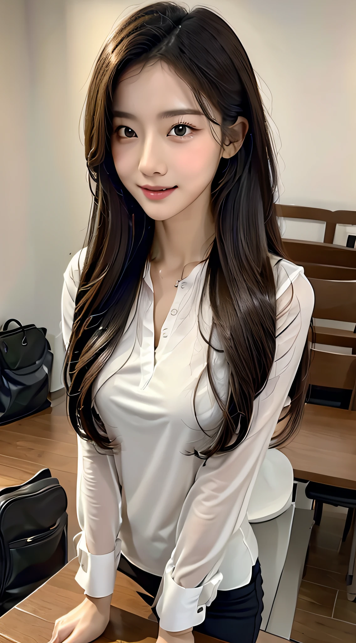 This beautiful teacher wore a simple and elegant white shirt and black slim pants, It shows her tall body and graceful curves. Her long hair was a shawl, Slightly curly, It exhaled a faint fragrance. Her facial features are delicate, Her eyes are bright and energetic, Her eyebrows are thin and natural, Her lips are rosy and sexy, Her face is round and gentle.