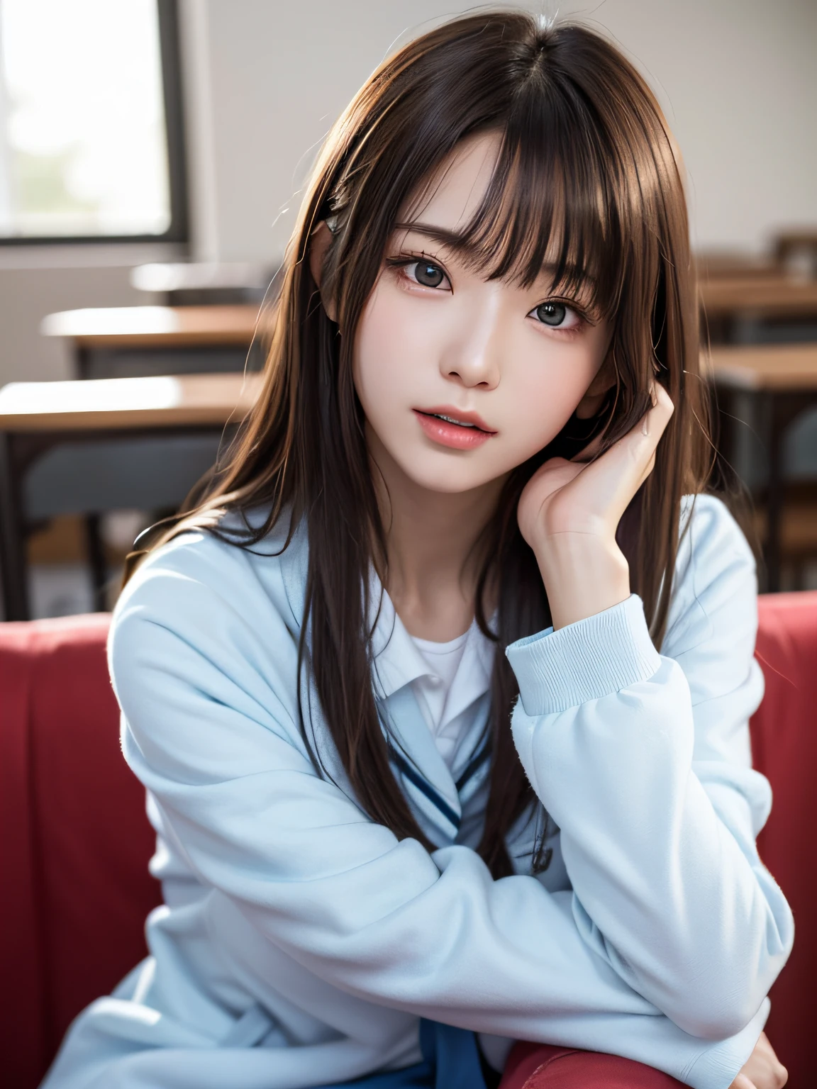 bright expression、photorealisim、top-quality、超A high resolution、a picture、Photos of the most beautiful Nordic girls、Detailed cute and beautiful face、a small face、(pureerosface_v1:0.008)、Beautiful bangs、alice in the wonderland、18year old、Glowing white shiny skin、Hair tangled in the face、Bangs that extend to the face、bangss、Hair between the eyes、Super long hair、Attractive brown silky hair、finer hair、Bright, Her clear light blue eyes shine charmingly、School Winter Uniforms、winter uniform、jaket、eye liner、Double eyelids、ample breasts、Shot up to the thigh、Dynamic Pose