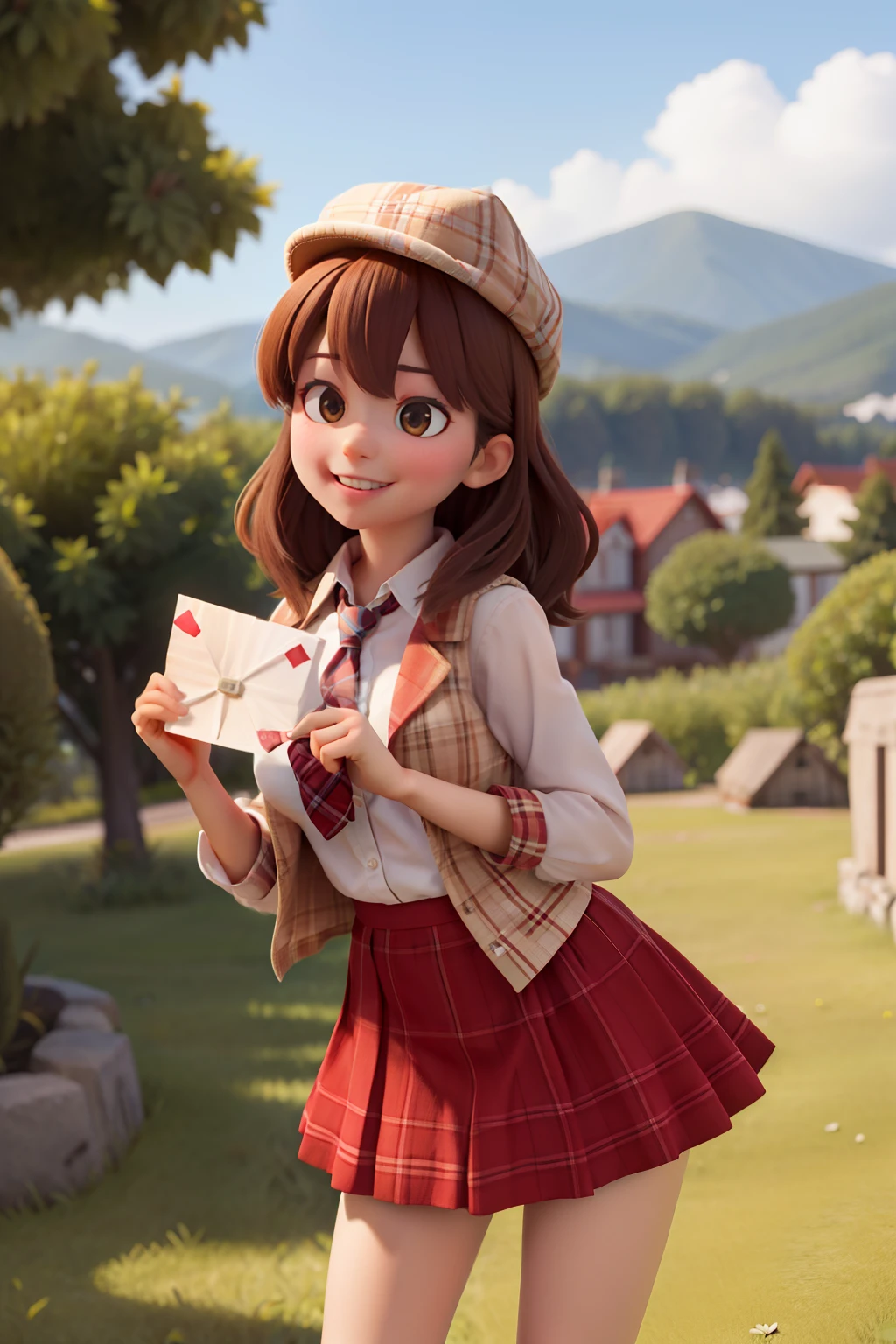 masterpiece, high quality best quality,1girl, bangs, beach, blue_sky, blush, bow, breasts, checkered, checkered_shirt, checkered_skirt, cloud, cloudy_sky, collarbone, day, envelope, giving, grass, hair_bow, heart, holding, holding_letter, horizon, incoming_gift, kazami_yuuka, leaning_forward, lens_flare, letter, light_rays, long_hair, looking_at_viewer, love_letter, mountain, mountainous_horizon, ocean, outdoors, plaid, plaid_background, plaid_bikini, plaid_bow, plaid_bowtie, plaid_bra, plaid_dress, plaid_headwear, plaid_jacket, plaid_legwear, plaid_necktie, plaid_neckwear, plaid_panties, plaid_pants, plaid_ribbon, plaid_scarf, plaid_shirt, plaid_skirt, plaid_vest, pov, shirt, skirt, sky, smile, solo, sun, sunbeam, sunlight, tree, unmoving_pattern