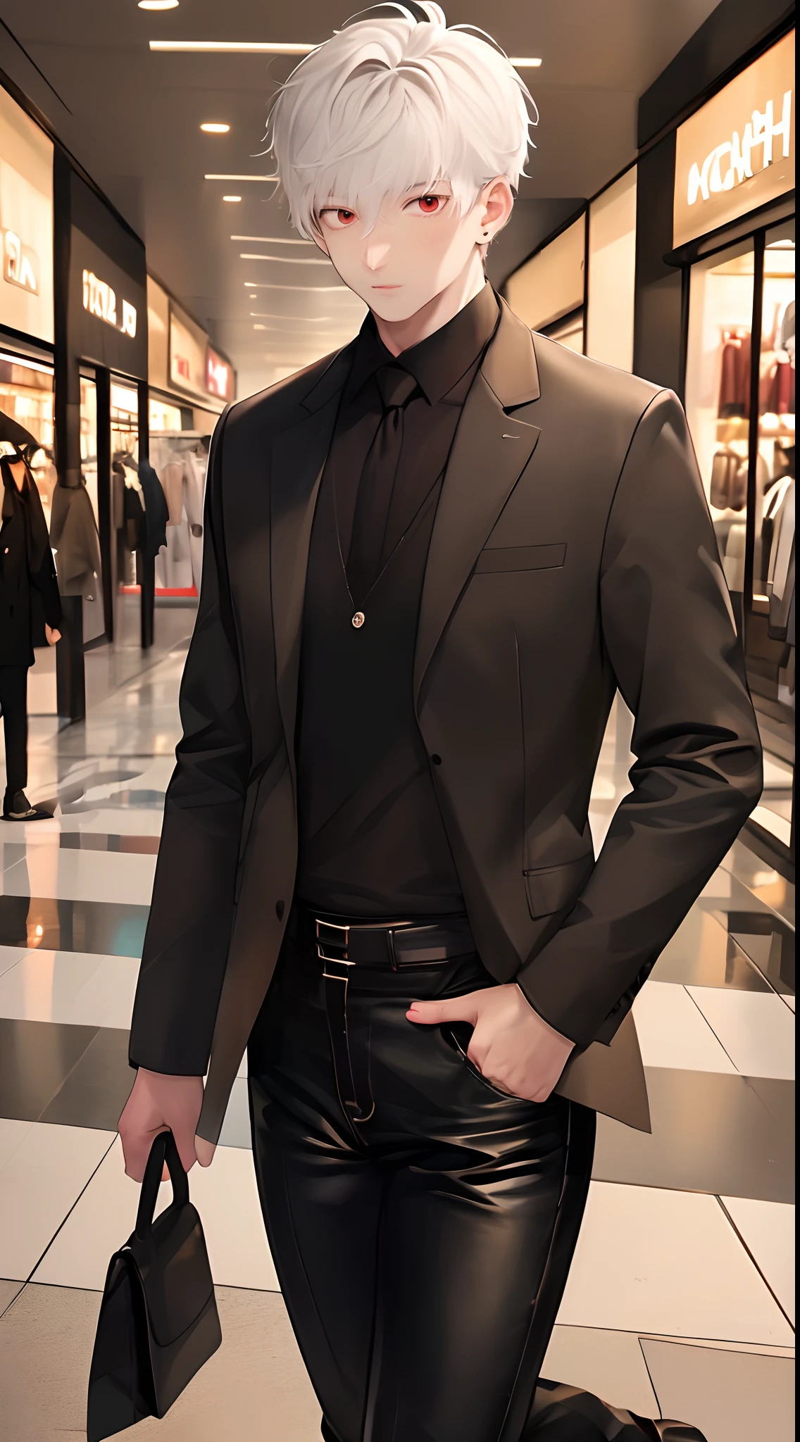 (4K works))、masterpiece、(top-quality)、((In front of the department store))、Korean Male、Adult male、((Adult 50 years old))、((Adult uncle type))、((Leather Jeans Style))、((Face similar to Hyunjin))、Cool Men、tall、((Gentle face))、((Cool werewolf fashion in black))、((Long sleeve long trouser style))、((Smaller face))、Slim body、((Uncle))、((white hair))、((white short-haired))、((Red Eyes))、((shot from front))、((Shot alone))、((Solo Photography))、Professional Photos、((Reach out to your audience))、((He walks in front of the viewer))、((dad bod))、