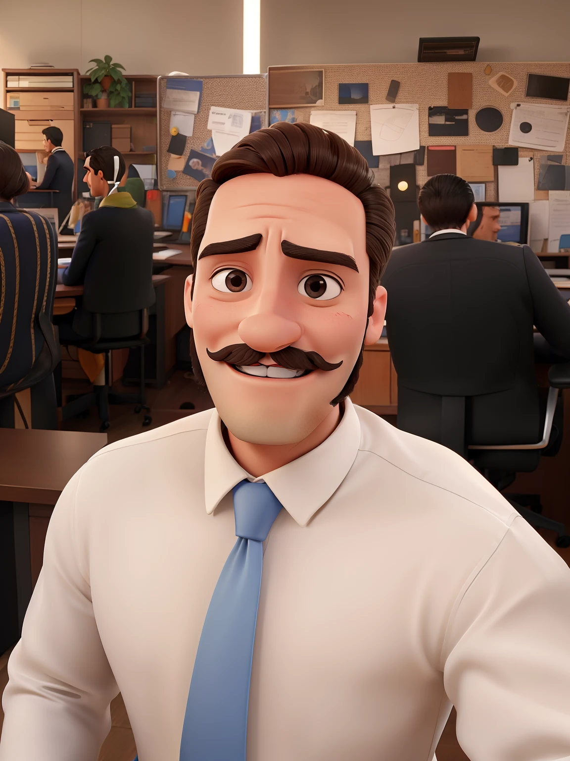 Homem de 29 anos vestido com terno. De ombros largos e olhos castanhos. Sorriso bonito sem mostrar os dentes. Tem um bigode estilo Salvador dali. In its background is an office with desks. You're without glasses. He has no details of expressions on his forehead and the expression on his face is one of restrained joy