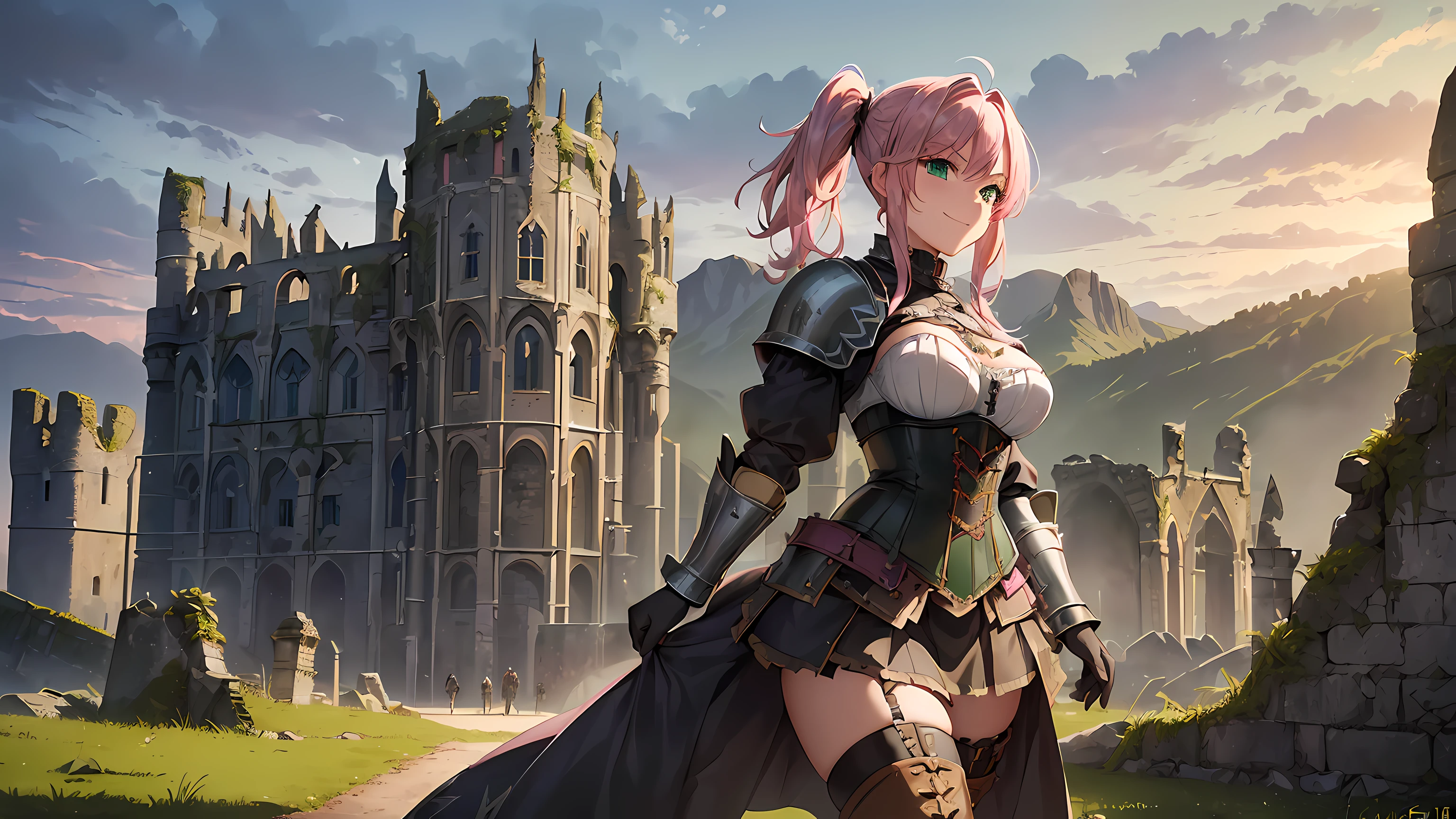 ​masterpiece, 1girl ((20year old, dressed in a a knights armor, corset, medium breasts, boots, multicolor pink hair, twin ponytails, perfect model body, detailed green eyes:1.5, flirting, happy, big smile, cosplay as a sexy knight with armor and corset, walking in a forrest:1.2, with ruined castles in the background:1.3, ominous and dangerous atmosphere:1.2)) ((solo:1.6)) ((evening time))