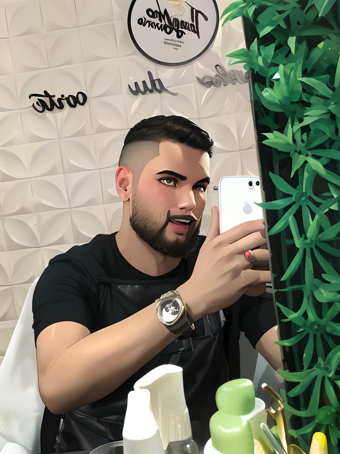 Young Master, best quality, detalhes intrincados, perfect lighting, Thiago homem , 1 young man Dark hair, olhos castanhos, na barberia , leve sorriso