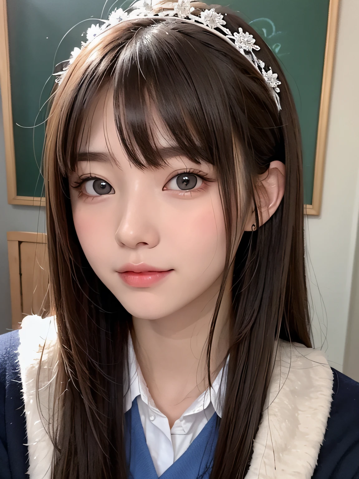 bright expression、photorealisim、top-quality、超A high resolution、a picture、Photos of the most beautiful Nordic girls、Detailed cute and beautiful face、a small face、(pureerosface_v1:0.008)、Beautiful bangs、alice in the wonderland、18year old、Glowing white shiny skin、Hair tangled in the face、Bangs that extend to the face、bangss、Hair between the eyes、Braided crown、Super long hair、Attractive brown silky hair、finer hair、Bright, Clear light blue eyes shine attractively、School Winter Uniform、winter uniform、jaket、eye liner、Double eyelids、ample breasts、Shot up to the thigh、Dynamic Pose