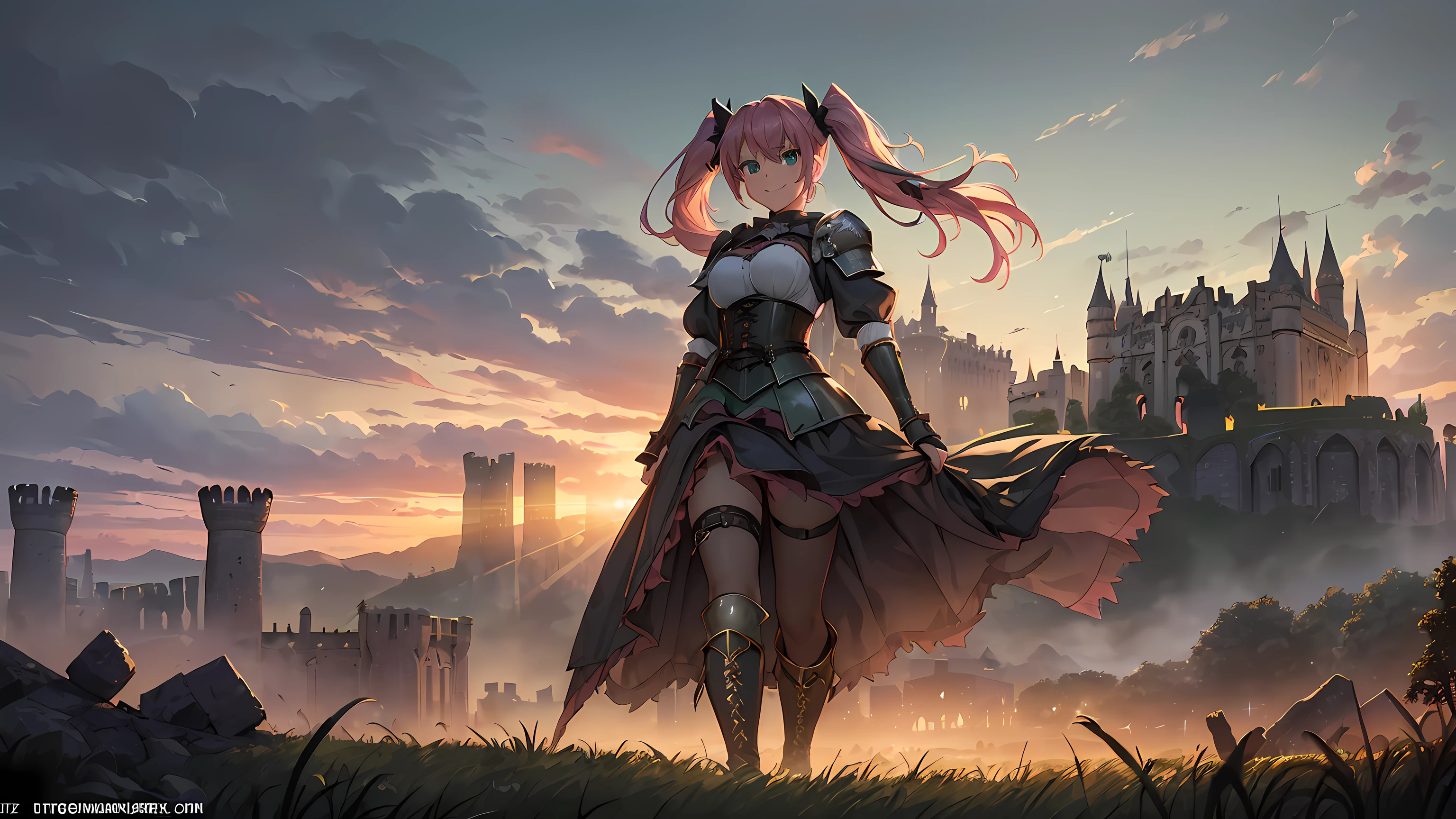 ​masterpiece, 1girl ((20year old, dressed in a a knights armor, corset, medium breasts, boots, multicolor pink hair, twin ponytails, perfect model body, detailed green eyes:1.5, flirting, happy, big smile, cosplay as a sexy knight with armor and corset, walking in a forrest:1.2, with ruined castles in the background:1.3, ominous and dangerous atmosphere:1.2)) ((solo:1.6)) ((evening time))