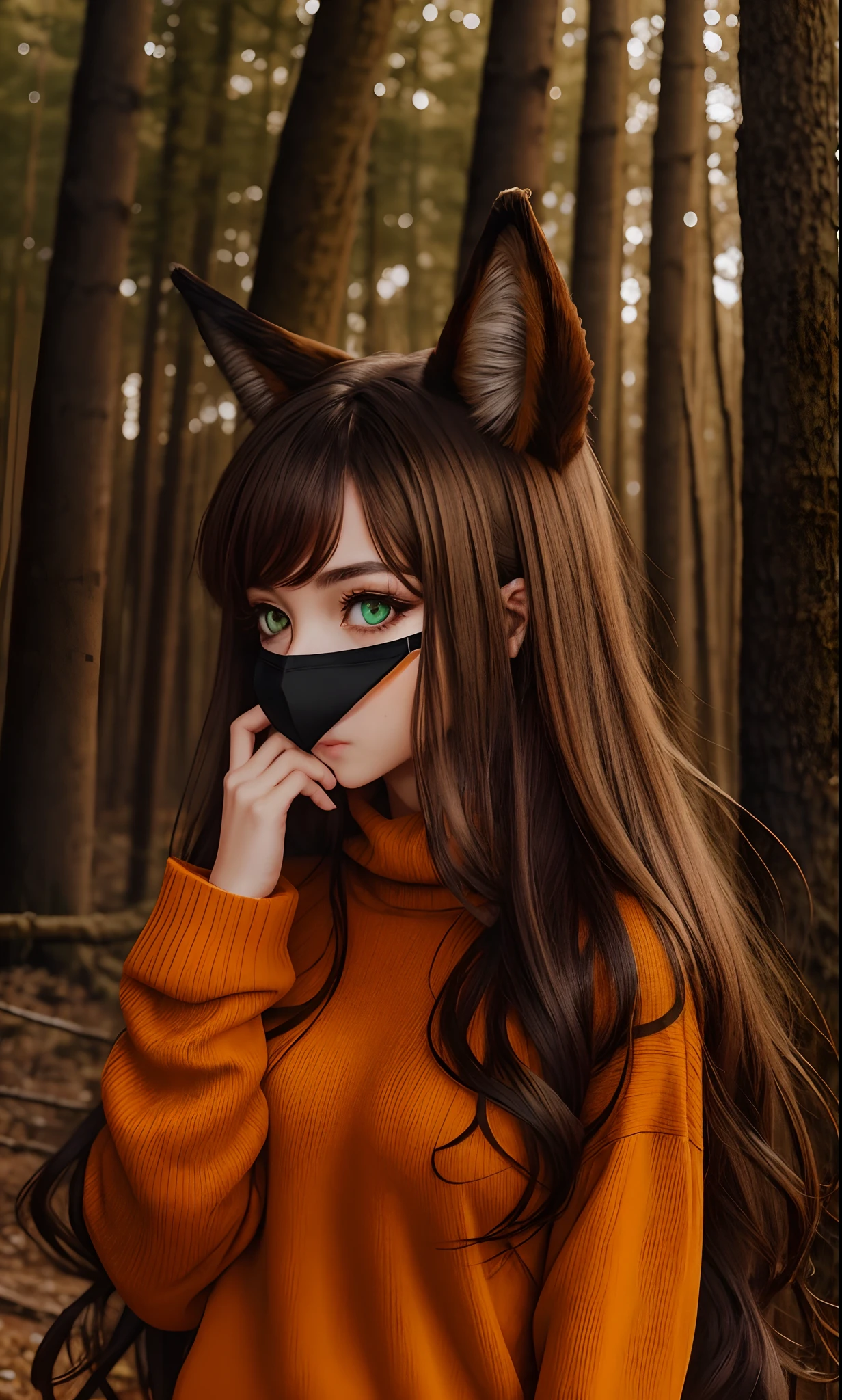 Girl with green eyes,Fox ears,brown long hair,Orange Sweaters,black pants,black mask on the face,forest background,style anime