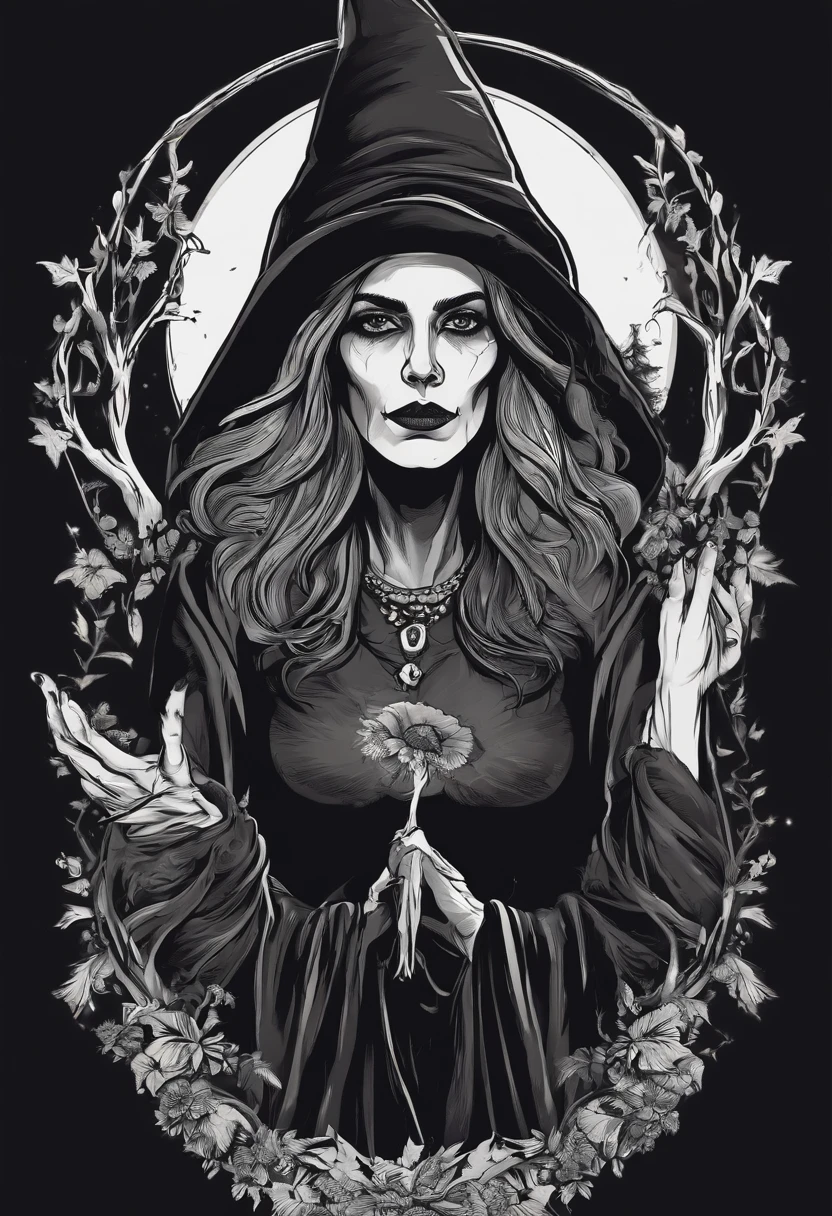 /imagine prompt: evil witch illustration for a sticker with a black background, in bold outline style, jagged edges, trashcore, light shading --v 5.2