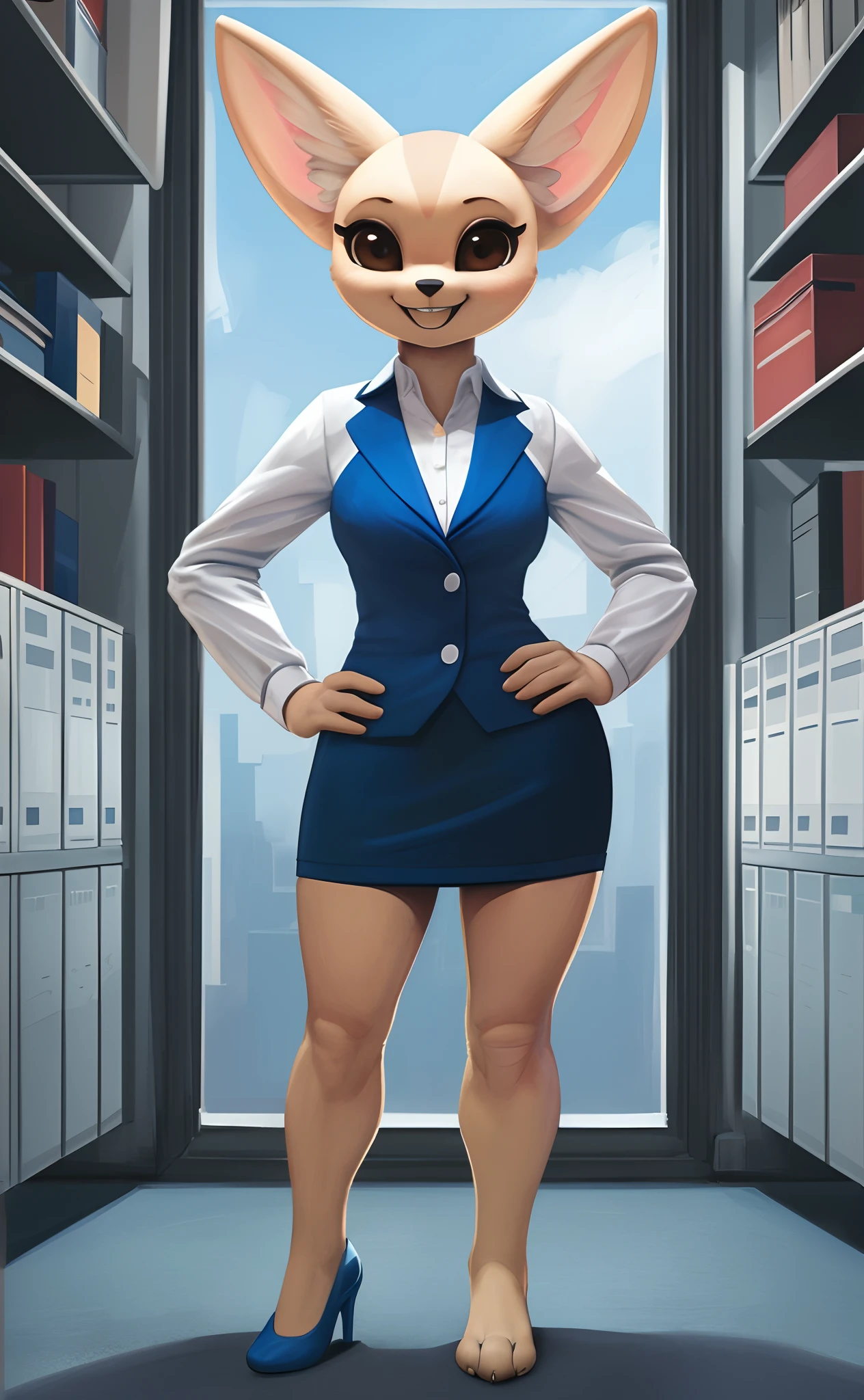 [fenneko], [aggretsuko], [Uploaded to e621.net; (Pixelsketcher), (wamudraws)], ((masterpiece)), ((HD)), ((solo portrait)), ((front view)), ((feet visible)), ((furry; anthro)), ((detailed fur)), ((detailed shading)), ((beautiful render art)), ((intricate details)), {anthro; (slim figure), beige fur, black nose, cute brown eyes, (short eyelashes), fluffy tail, (gorgeous hips), (beautiful legs), (beautiful feet), (excited grin), (cute fang)}, {(office woman), (blue blazer sweater), (short blue pencil skirt), (blue heels)}, {(standing), (hands on hip), (looking at viewer)}, [background; (cubicles), (white walls), (window), (blue sky), (sun rays)]