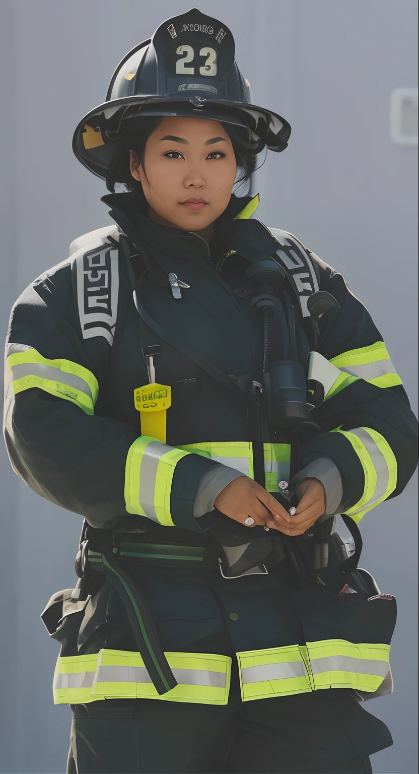 arafed hot thick muscular afro Asian American female firefighter in uniform standing in front of a building, chubby cheeks and cute dimples beautiful serious face staring at the camera front view, firefighting gear, fireman, full body close-up shot, powerful scene, closeup portrait shot, closeup shot, gorgeous female, close - up shot, close-up shot, a close-up, closeup photo, menacing, morning detail, 4 0 9 6