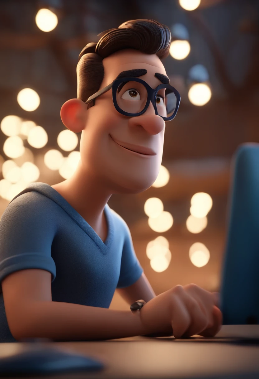 Cartoon character of a man wearing black glasses and a blue shirt, um personagem animado, Caractere estilizado, animation style rendering, 3D estilizado, Arnold Maya render, 3 d render stylized, toon render keyshot, Personagem 3D, Personagem 3D, 3d rendering stylized, 3 d character render, personagem de desenho animado, Personagem de close up, Pose de personagem, (Estilo Pixar) (master part:1.2) (Bokeh) (best quality) (pele detalhada) (textura detalhada) (8k) (argila) (Cinematic lighting) (foco nítido,Senta e vaza a parte superior do corpo