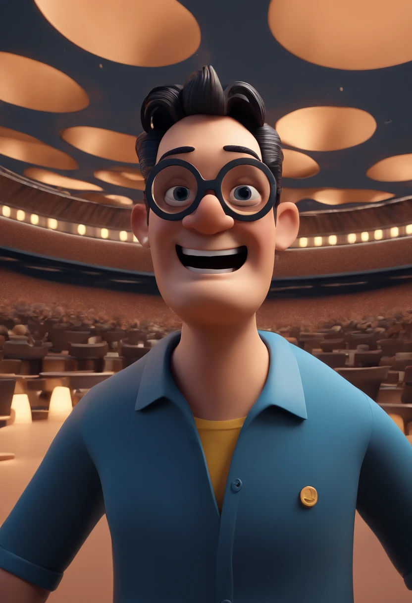 Cartoon character of a man wearing black glasses and a blue shirt, um personagem animado, Caractere estilizado, animation style rendering, 3D estilizado, Arnold Maya render, 3 d render stylized, toon render keyshot, Personagem 3D, Personagem 3D, 3d rendering stylized, 3 d character render, personagem de desenho animado, Personagem de close up, Pose de personagem, (Estilo Pixar) (master part:1.2) (Bokeh) (best quality) (pele detalhada) (textura detalhada) (8k) (argila) (Cinematic lighting) (foco nítido,Senta e vaza a parte superior do corpo