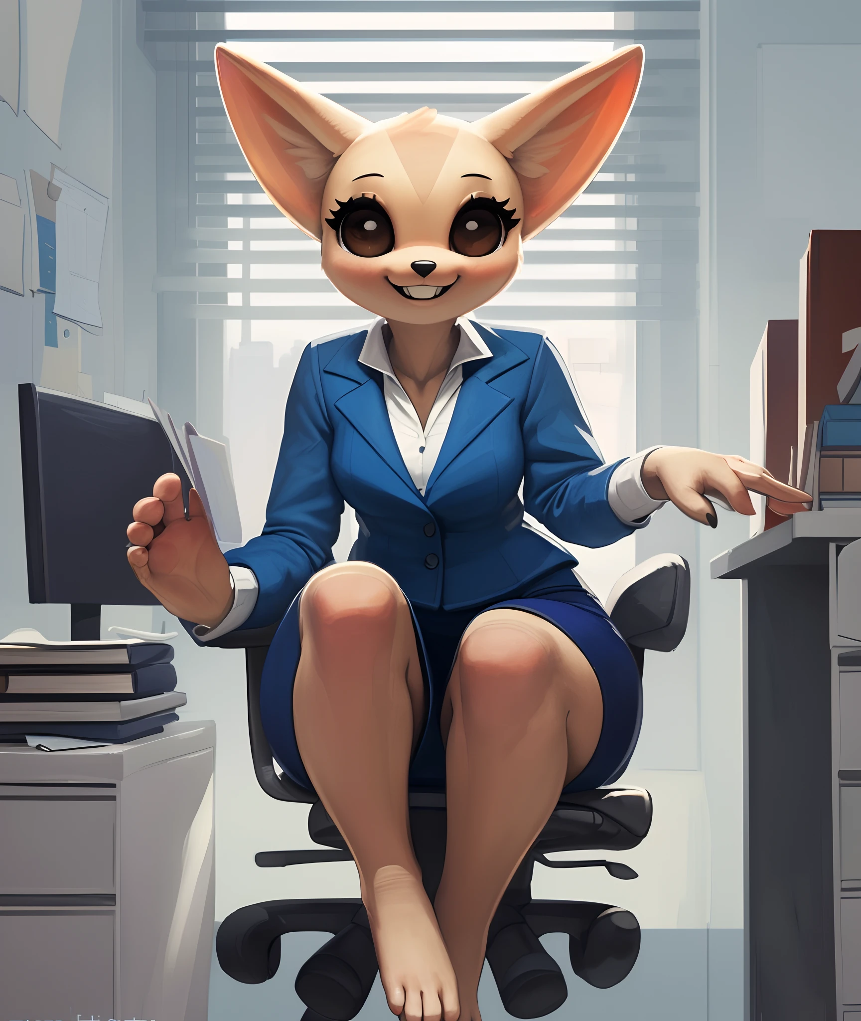 [fenneko], [aggretsuko], [Uploaded to e621.net; (Pixelsketcher), (wamudraws)], ((masterpiece)), ((HD)), ((solo portrait)), ((front view)), ((feet visible)), ((furry; anthro)), ((detailed fur)), ((detailed shading)), ((beautiful render art)), ((intricate details)), {anthro; (slim figure), beige fur, black nose, cute brown eyes, (short eyelashes), fluffy tail, (gorgeous hips), (camel toe), (beautiful legs), (beautiful feet), (excited grin), (cute fang)}, {(office woman), (blue blazer sweater), (short blue pencil skirt), (upskirt white panties)}, {(sitting in office chair), (legs raised), (looking at viewer)}, [background; (cubicles), (white walls), (window), (blue sky), (sun rays)]