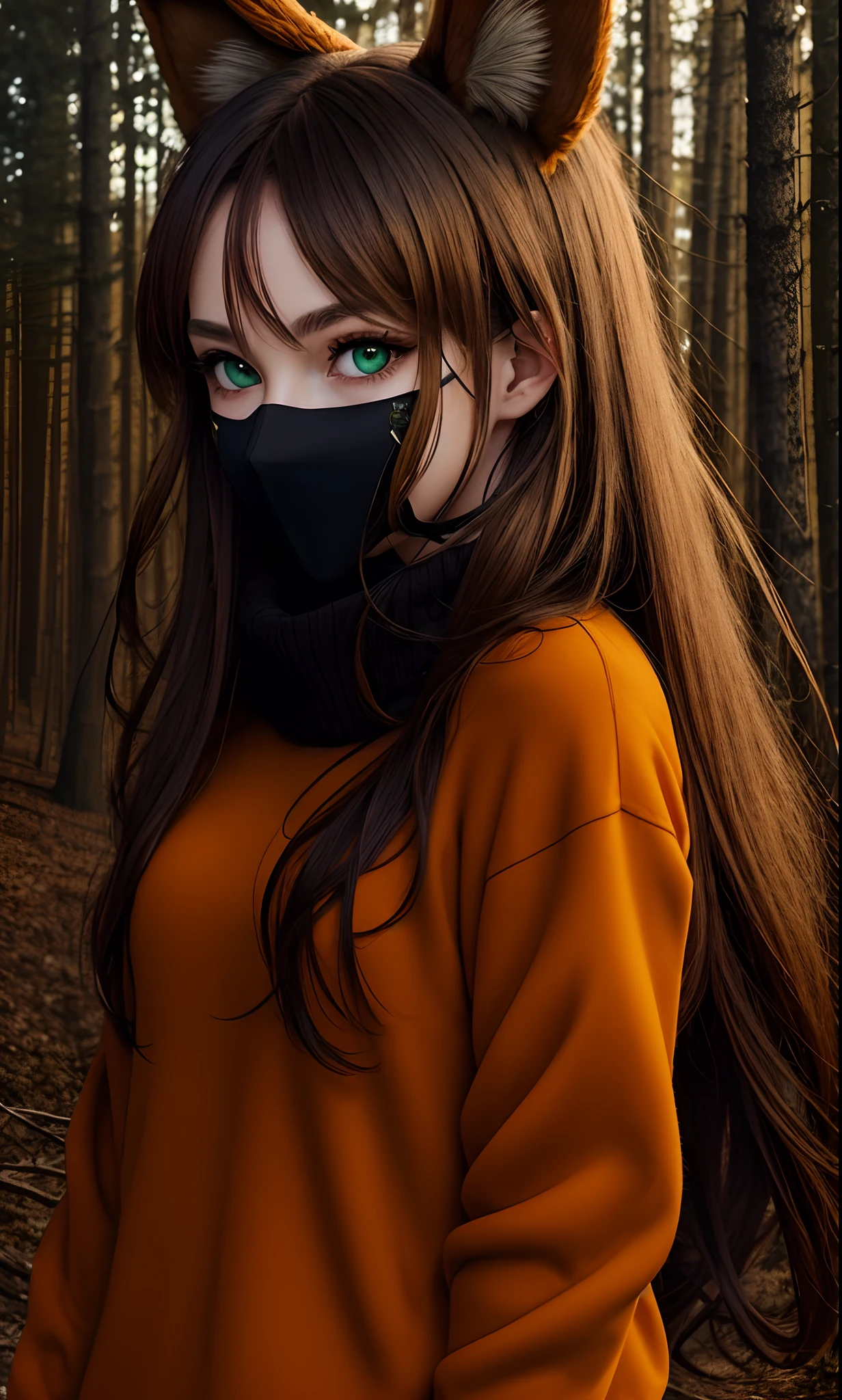 Girl with green eyes,Fox ears,brown long hair,Orange Sweaters,black pants,black mask on the face,forest background,style anime