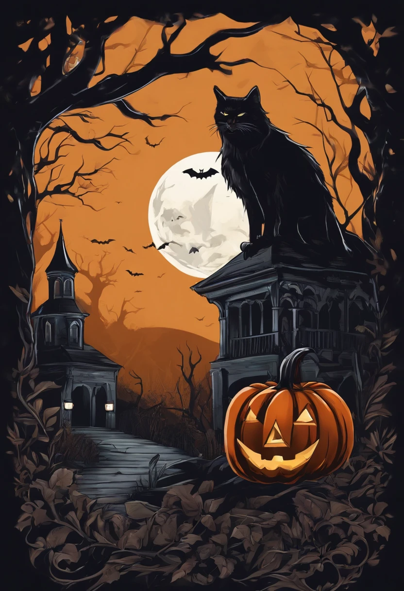 /imagine prompt: Halloween illustration for a sticker with a black background, in bold outline style, jagged edges, trashcore, light shading --v 5.2