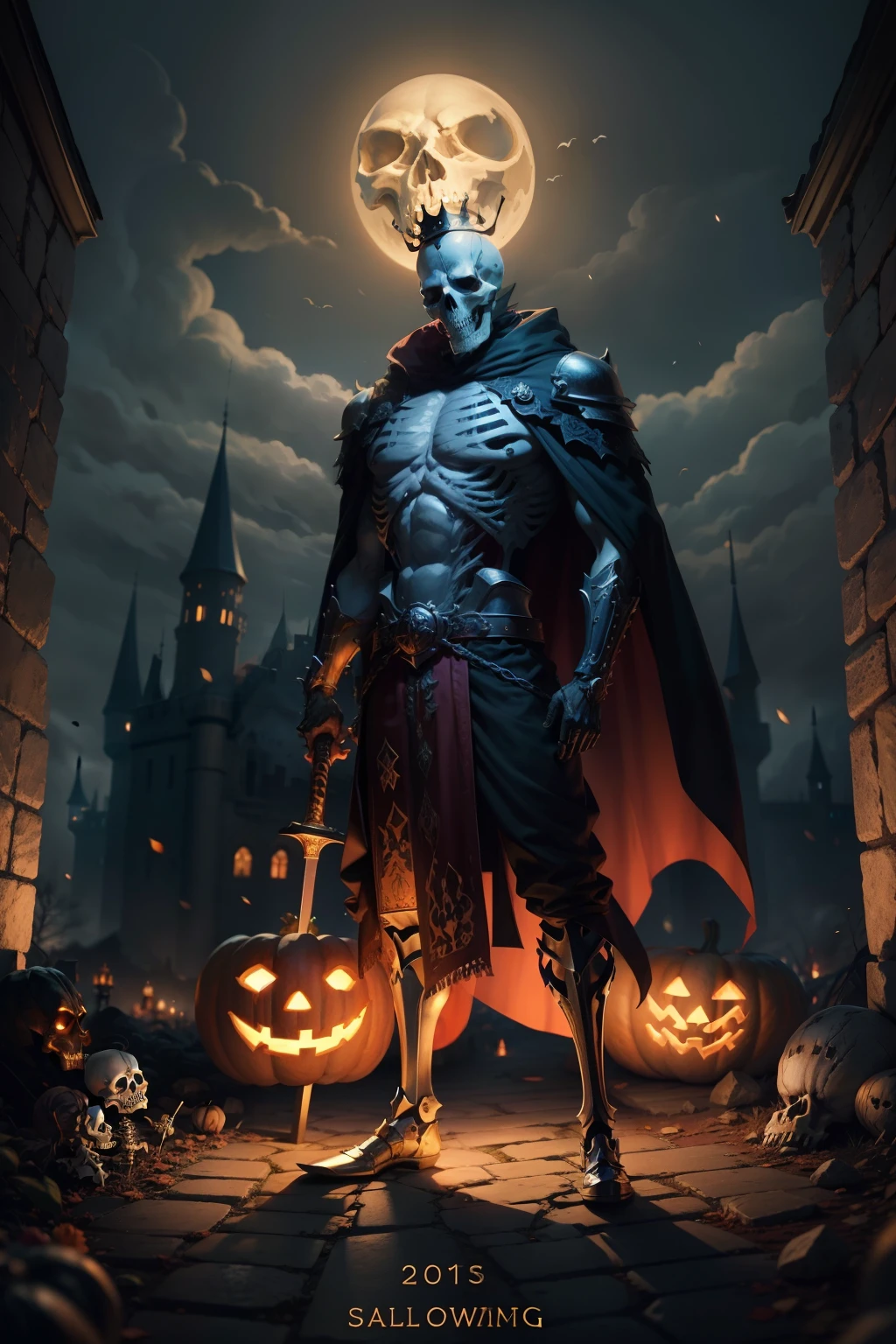 Skeleton King,King calendar,128k , Sword, Halloween theme, Lantern Night Outdoor, Standing in front of Castle Looking towards Viewers, Serious look, necromancer