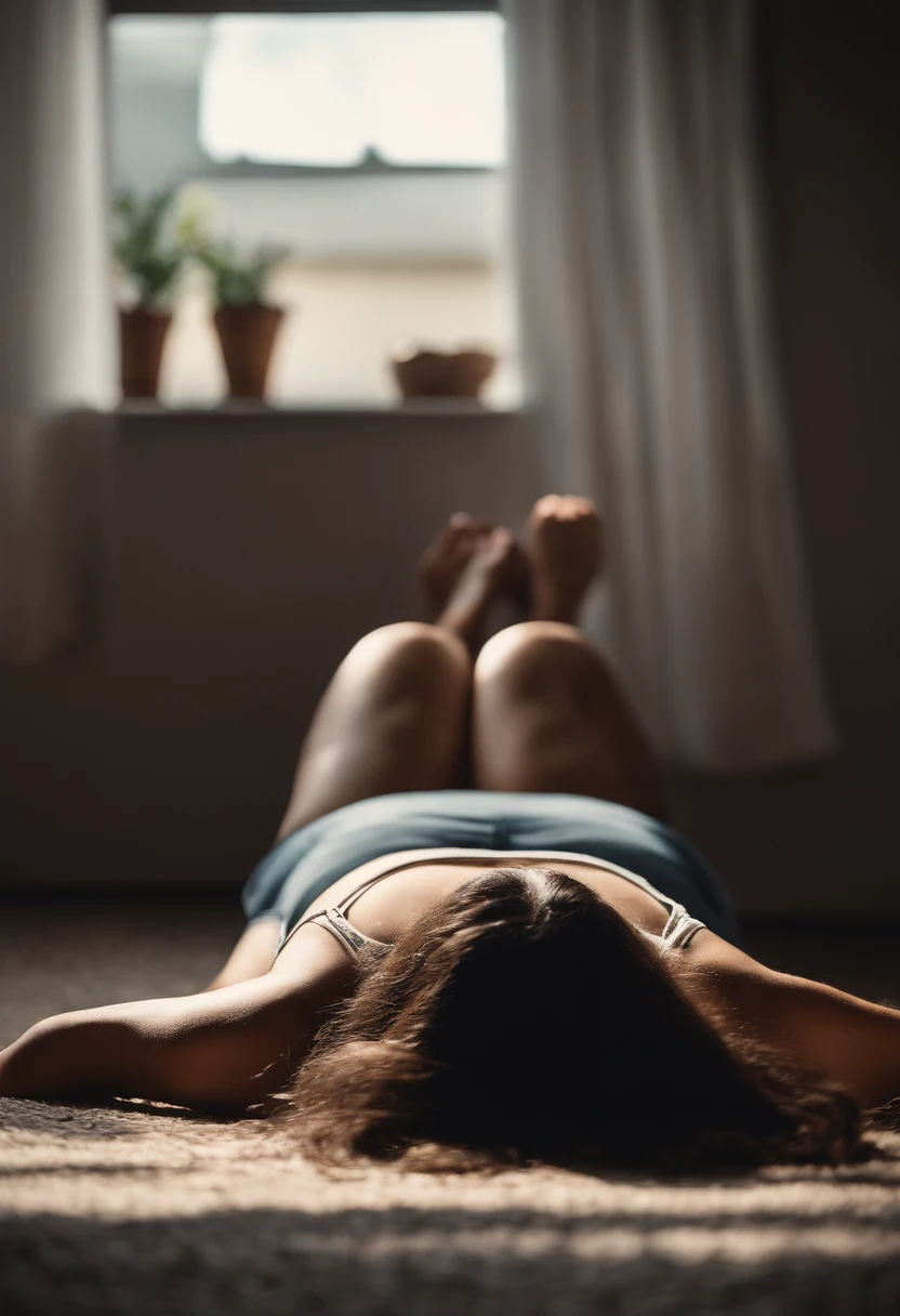 Portrait of a father -Latin woman lying on her stomach perspective from behind + in 9 random other situations, clothing is short shorts and T-shirt , long hair, ass exposed