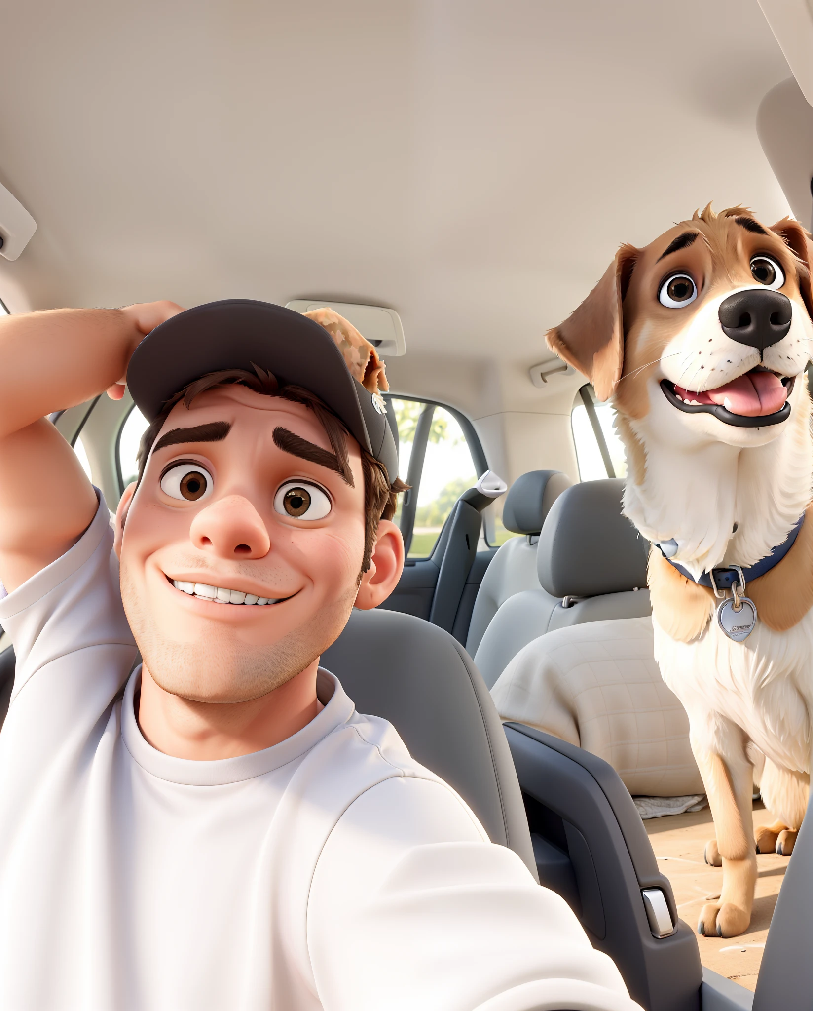 Obra-prima, de melhor qualidade, A man and a dog in the back in the car, vestindo uma camisa cinza , cachorro e um Golden retriver