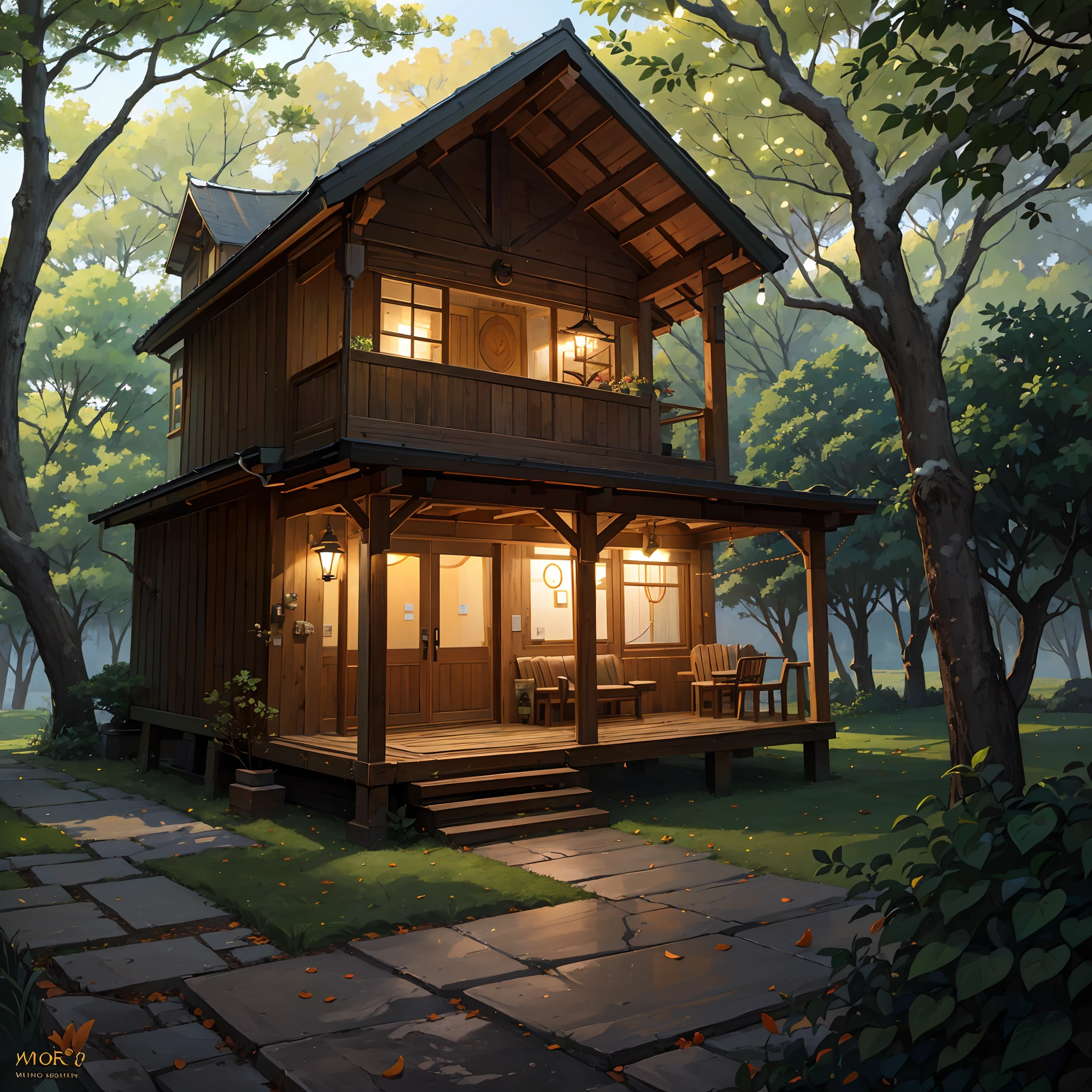 (best quality,4k,8k,highres,masterpiece:1.2),ultra-detailed,(realistic,photorealistic,photo-realistic:1.37),a very big,cozy looking house,garage,pathway,jeep,bike,amazing lighting,wooden house,luxurious house,countryside,lush green woods,tall trees,peaceful environment,nature,serene atmosphere,calmness,tranquility,quietness,beauty of nature,relaxing place,warm and inviting atmosphere,comfortable surroundings,spacious interior,large windows allowing natural light,cozy fireplace,comfy furniture,wooden flooring,earthen tones in decor,airy rooms,open layout,elegant design,exquisite craftsmanship,high-quality materials,meticulous attention to detail,expansive backyard,beautiful garden,manicured lawn,vibrant flowers,birds chirping,fresh air,fragrant flowers,following the winding pathway,autumn leaves,fallen pine cones,a swing hanging from a tree,picturesque view,bright sunlight streaming through the leaves,dappled shadows across the lawn,soft glowing lights in the evening,tranquil sunset,mesmerizing colors painting the sky,flickering lanterns,Lit-up pathway,illuminating the surroundings,warm cozy glow,peaceful silence,serenity of the woods,majestic jeep,parked near the garage,sporty bike leaning against a tree,perfect place for outdoor adventures,inspiring location for artists and nature lovers,a place to escape from the hustle and bustle of city life,a sanctuary in the middle of nature's embrace,where dreams come true. --auto