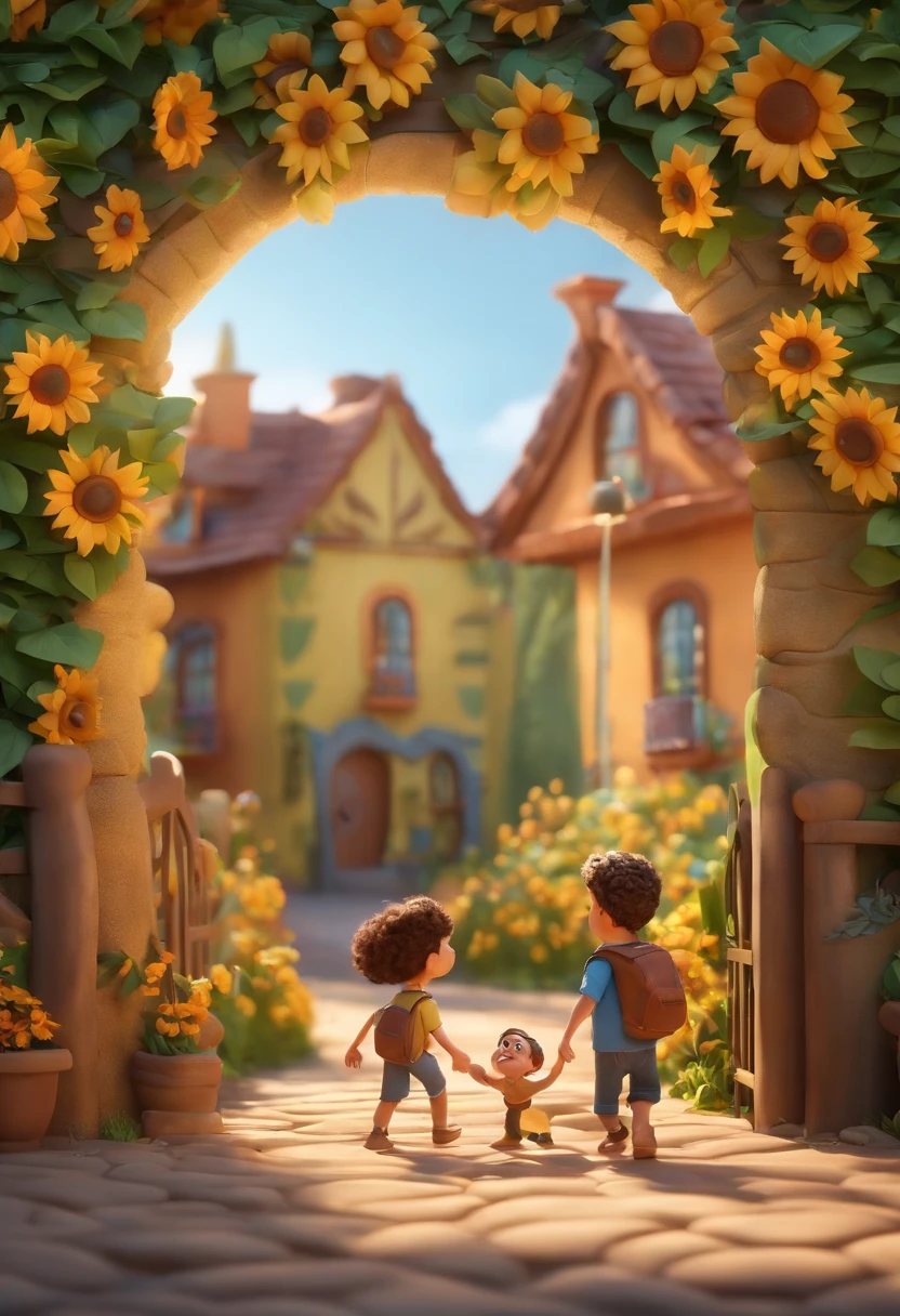 Create a Disney PIXAR-style 3D poster. ((centro da imagem, Triplets)), ((3 )) ((1 menino no meio e 2 meninas ao lado, They're hugging each other, O menino tem pele castanha e cabelos castanhos escuros e olhos castanhos escuros, 1 menina tem pele clara, olhos e cabelos escuros e cacheados, e a outra menina tem pele morena, olhos escuros e cabelos escuros e lisos)) ((tudo isso no estilo Disney PIXAR 3D, In the background, A house of sunflowers, Gloria Studio, The garden is full of nature 3D render RTX clay material, estilo de design cartunesco, POP Mart, soft lighting, linhas suaves, Spring tilt, Detailed illustrations of PIXAR 3D, Detalhes hiper-realistas, cor quente no estilo Disney PIXAR 3D))