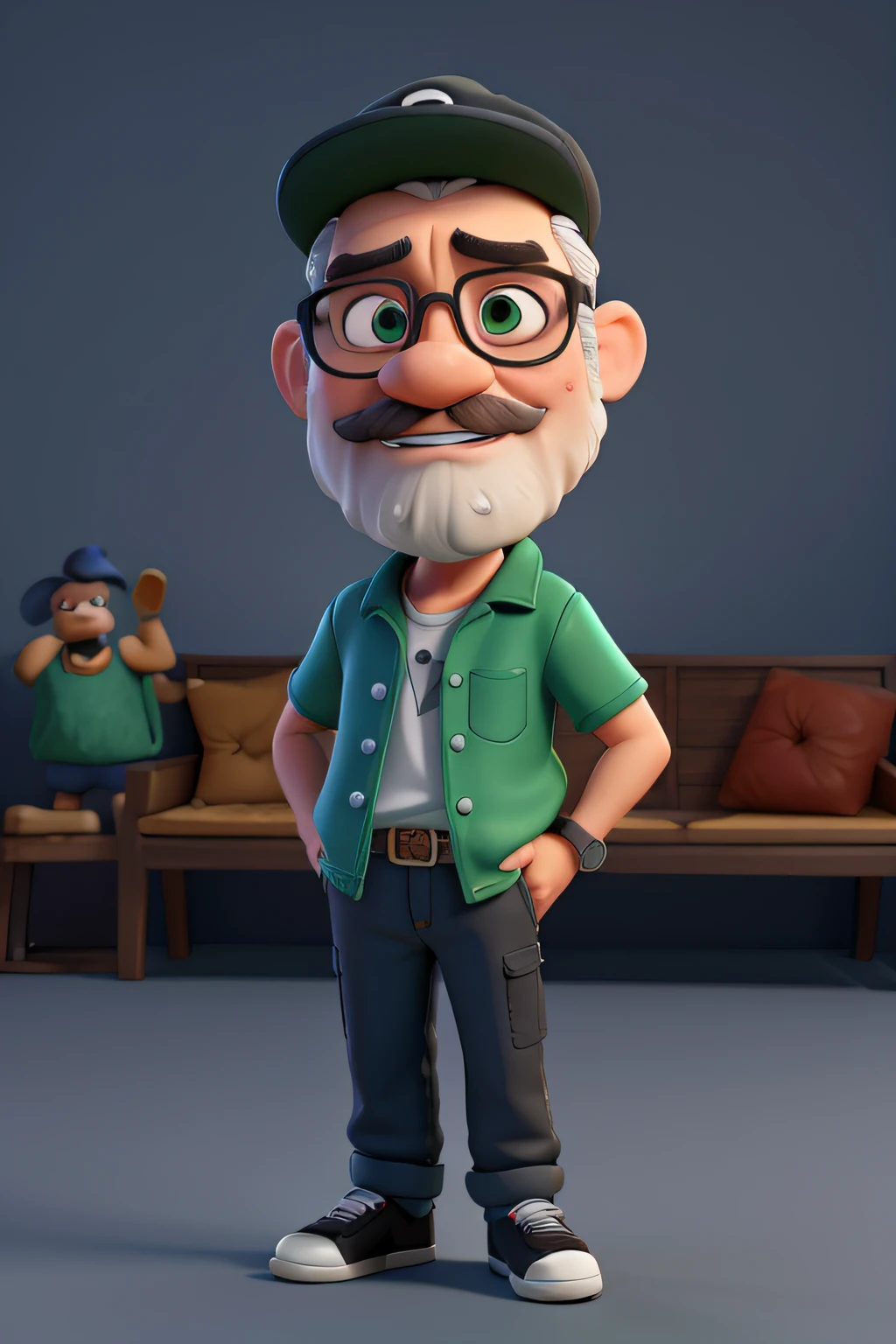 Cartoon character of a man, playing like DJ with various DJ equipments on a bench in front of him, black mustache, gray beard , wearing a green baseball cap, black glasses and a blue shirt, Caractere estilizado, animation style rendering, 3D estilizado, Arnold Maya render, 3d render stylized, toon render keyshot, Personagem 3D, Personagem 3D, 3d rendering stylized, 3 d character render, personagem de desenho animado, Personagem de close up, Pose de personagem, (Estilo Pixar) (master part:1.2) (Bokeh) (best quality) (pele detalhada) (textura detalhada) (8k) (argila) (Cinematic lighting) (foco sharp)