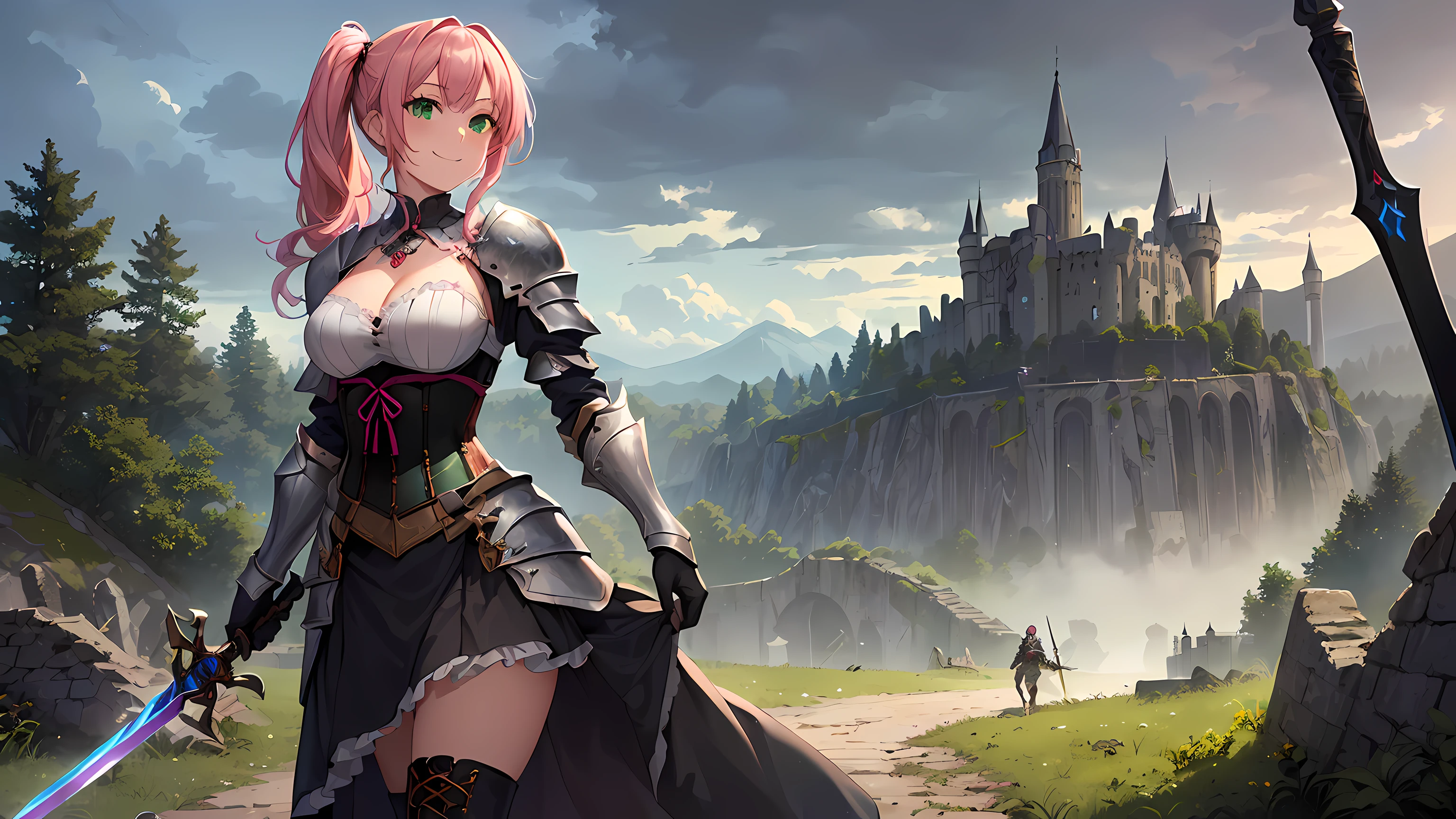 masterpiece, 1girl ((20year old, dressed in a a knights armored corset, medium breasts, boots, multicolor pink hair, twin ponytails, perfect model body, detailed green eyes:1.5, flirting, happy, big smile, cosplay as a sexy knight with armored corset, holding a sword, walking in a forrest:1.2, with ruined castles in the background:1.3, ominous and dangerous atmosphere:1.2)) ((solo:1.6)) ((evening time))