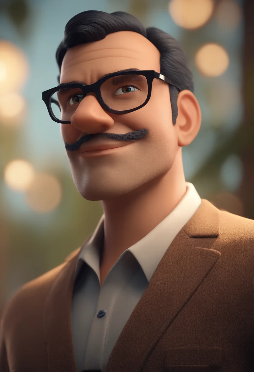 Cartoon character of a man with black glasses, cabelo cacheado marrom escuro e uma camisa azul, animation character, Caractere estilizado, animation style rendering, 3D estilizado, Arnold Maya render, 3 d render stylized, toon render keyshot, Personagem 3D, Personagem 3D, 3d rendering stylized, 3 d character render, personagem de desenho animado, Personagem de close up, Pose de personagem,  (Estilo Pixar) (master part:1.2) (Bokeh) (best quality) (pele detalhada) (textura detalhada) (8k) (argila) (Cinematic lighting) (foco nítido