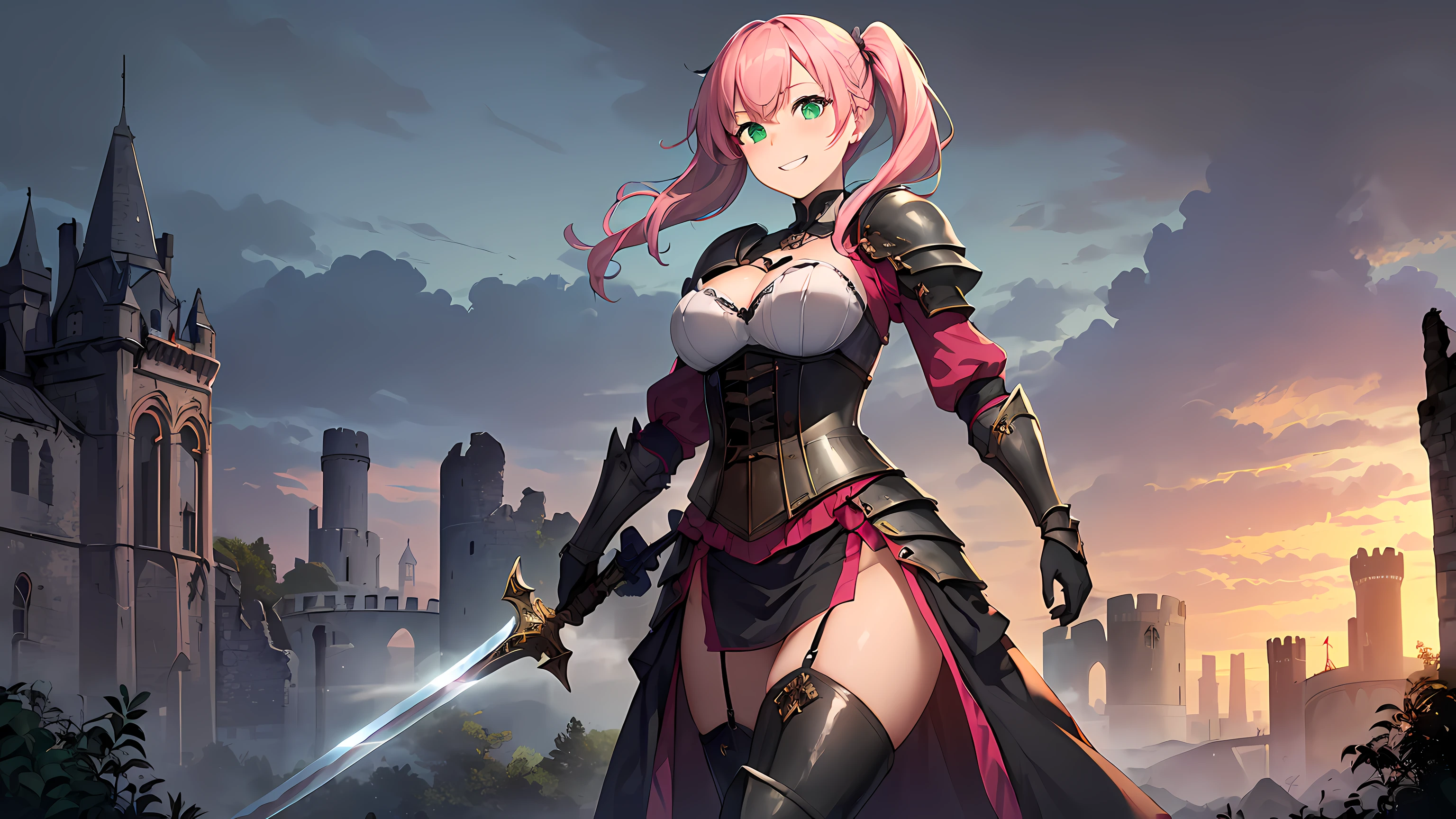 masterpiece, 1girl ((20year old, dressed in a a knights armored corset, medium breasts, boots, multicolor pink hair, twin ponytails, perfect model body, detailed green eyes:1.5, flirting, happy, big smile, cosplay as a sexy knight with armored corset, holding a sword, walking in a forrest:1.2, with ruined castles in the background:1.3, ominous and dangerous atmosphere:1.2)) ((solo:1.6)) ((evening time))