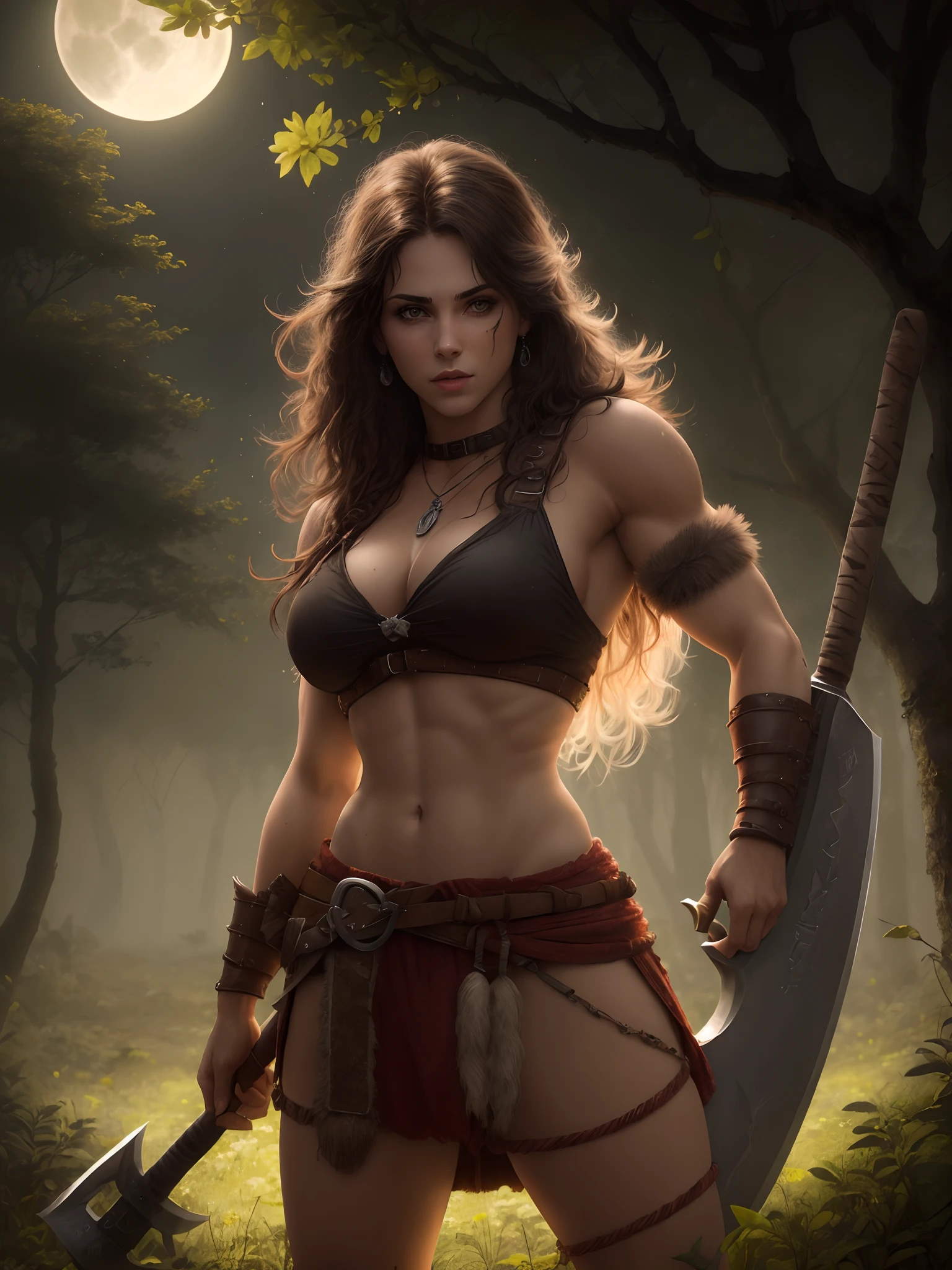 A barbarian with an axe, em uma floresta, numa noite de lua cheia, olhando fixamente, dirty, with armor, estilo realista, alta qualidade, Very high detail