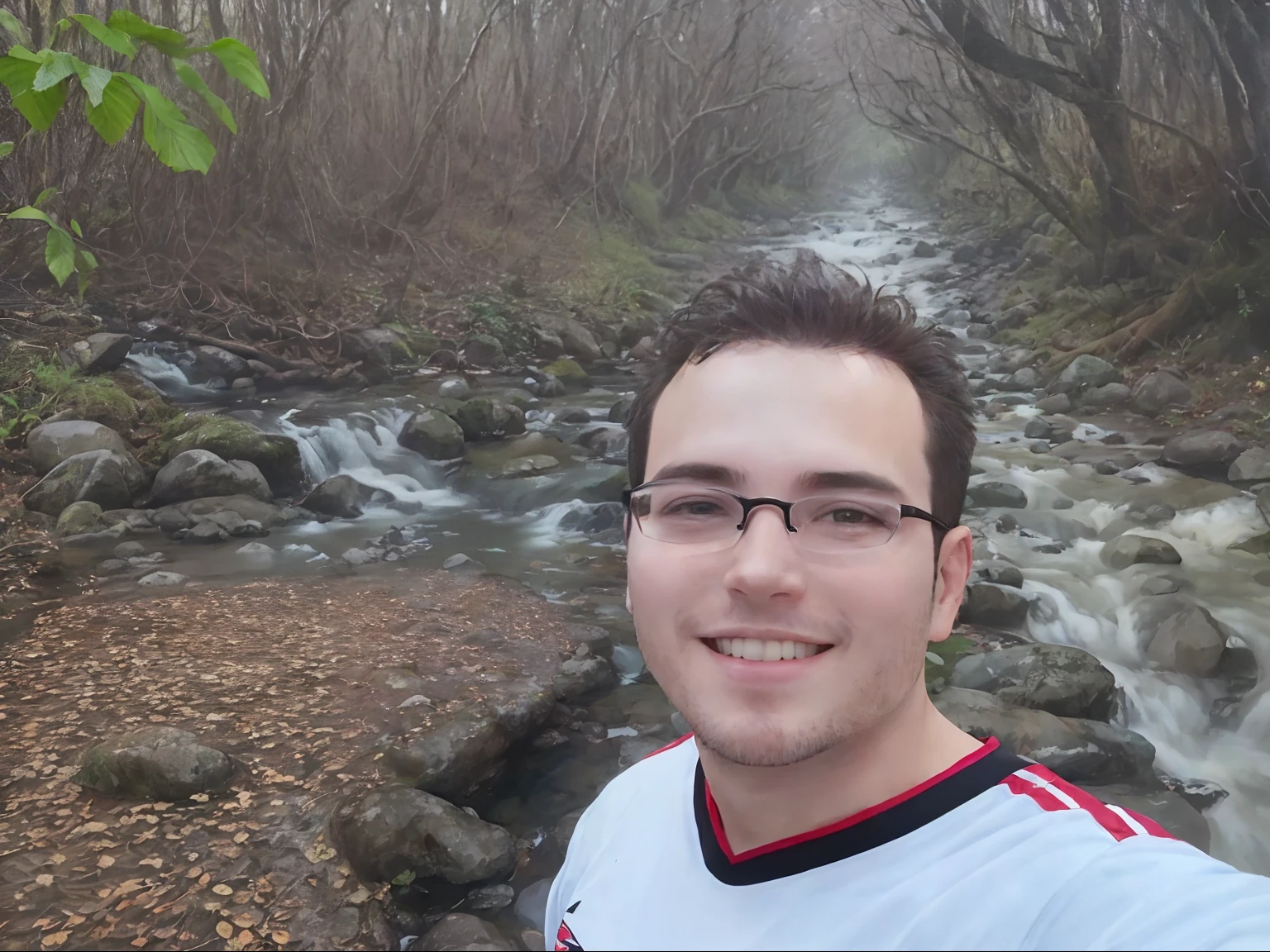 There's a man taking a selfie in front of a stream, em frente a um fundo de floresta