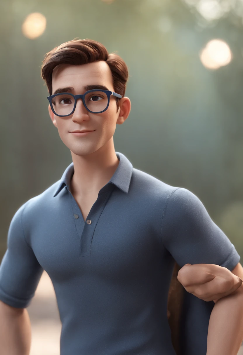 Cartoon character of a man wearing black glasses and a blue shirt, um personagem animado, Caractere estilizado, animation style rendering, 3D estilizado, Arnold Maya render, 3 d render stylized, toon render keyshot, Personagem 3D, Personagem 3D, 3d rendering stylized, 3 d character render, personagem de desenho animado, Personagem de close up, Pose de personagem, (Estilo Pixar) (master part:1.2) (Bokeh) (best quality) (pele detalhada) (textura detalhada) (8k) (argila) (Cinematic lighting) (foco nítido,Senta e vaza a parte superior do corpo