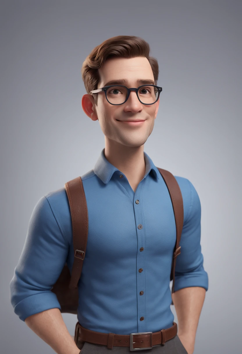 Cartoon character of a man wearing black glasses and a blue shirt, um personagem animado, Caractere estilizado, animation style rendering, 3D estilizado, Arnold Maya render, 3 d render stylized, toon render keyshot, Personagem 3D, Personagem 3D, 3d rendering stylized, 3 d character render, personagem de desenho animado, Personagem de close up, Pose de personagem, (Estilo Pixar) (master part:1.2) (Bokeh) (best quality) (pele detalhada) (textura detalhada) (8k) (argila) (Cinematic lighting) (foco nítido，Senta e vaza a parte superior do corpo