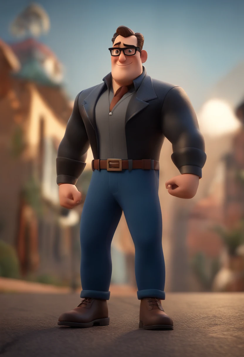 Cartoon character of a man wearing black glasses and a blue shirt, um personagem animado, Caractere estilizado, animation style rendering, 3D estilizado, Arnold Maya render, 3 d render stylized, toon render keyshot, Personagem 3D, Personagem 3D, 3d rendering stylized, 3 d character render, personagem de desenho animado, Personagem de close up, Pose de personagem, (Estilo Pixar) (master part:1.2) (Bokeh) (best quality) (pele detalhada) (textura detalhada) (8k) (argila) (Cinematic lighting) (foco nítido,Senta e vaza a parte superior do corpo