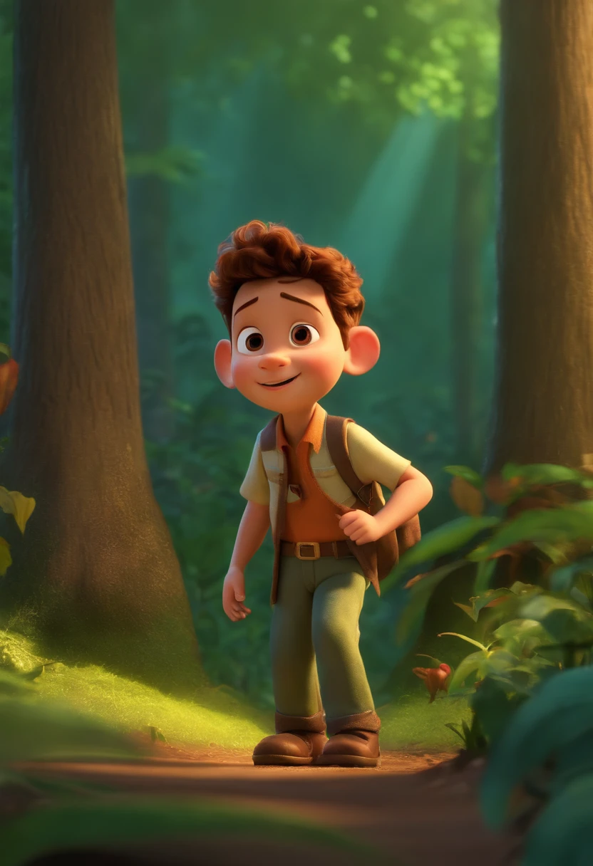 Imagem de um menino com roupas de padre em uma floresta, formato do filme pixar, He is cattle, kind-hearted and playful