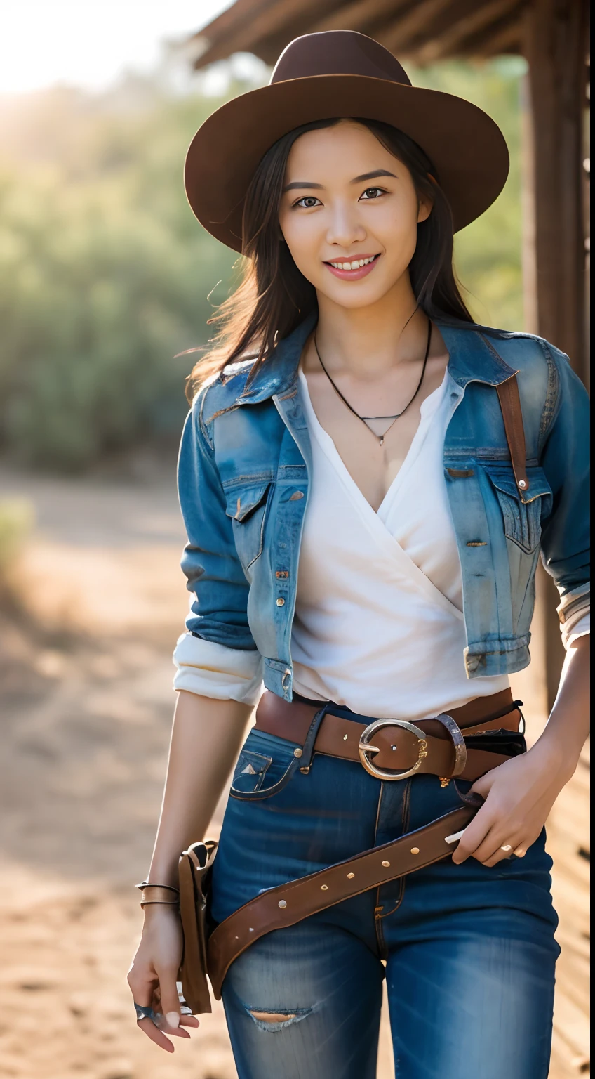 Arafed woman in a hat and jeans posing for a picture - SeaArt AI