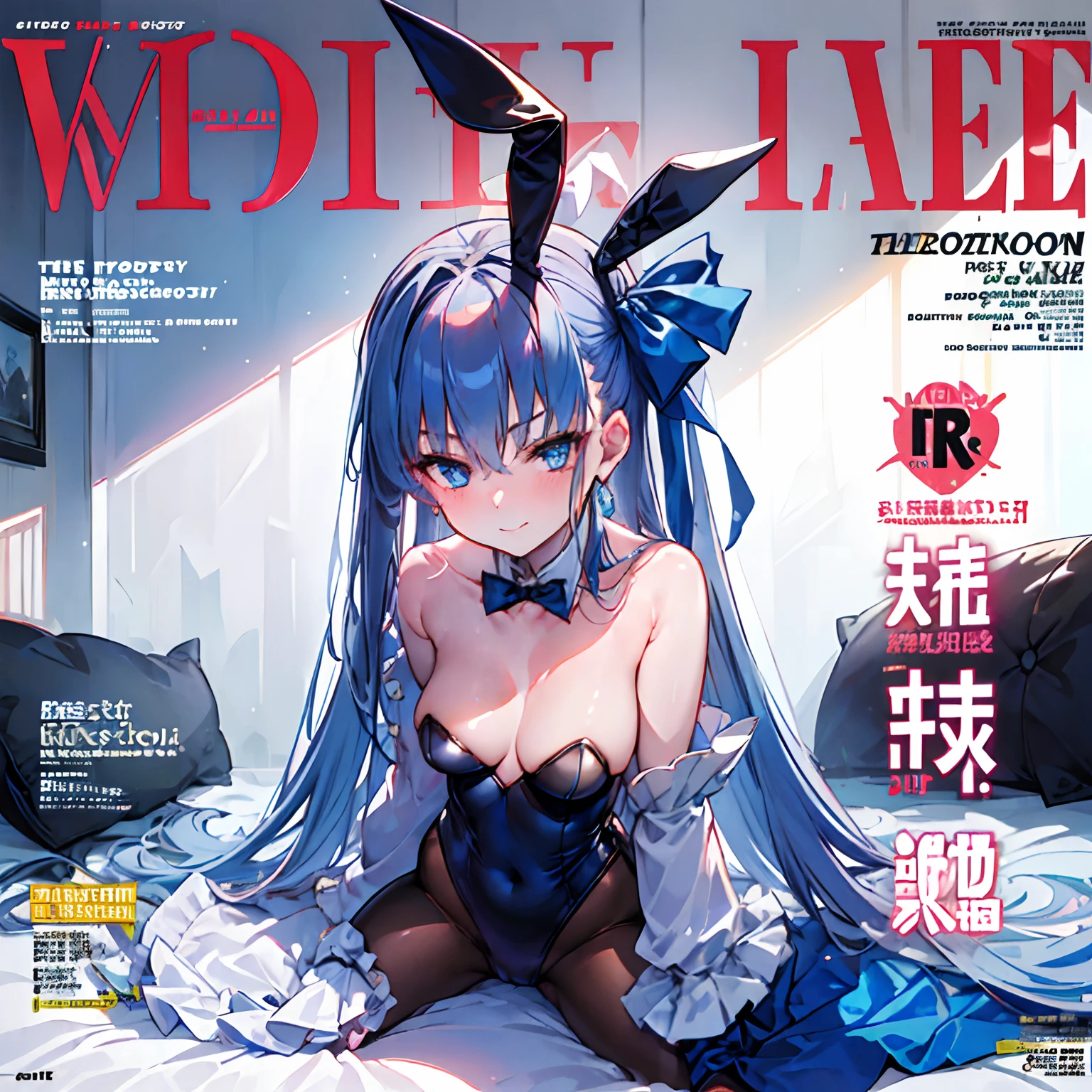 (Best Quality, 16 K, ultra-detailliert, Photorealistic, Beautiful skin, Professional Lighting){{{masutepiece}}}, Best Quality, Full body, Staring,Meltrilith - Fate Grand Order, Bunny Suit Bunny Girl Cosplay, SFW, Upper body ,delighted expression, 独奏, Long blue hair, Blue eyes,(Woman on the cover of a magazine:1.5),(Engrave a magazine logo), (Magazine Text), (magazine title:1.1),flat chest, lack of breasts, {{Moe Sleeve}}
