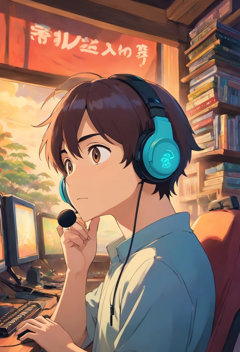 um menino usando um headset de anime, pele escura, no estilo de quarto gamer, animated color photos, Masami Teraoka, gamer, Paulo Gauguin, Estilo Embry, retrato honesto