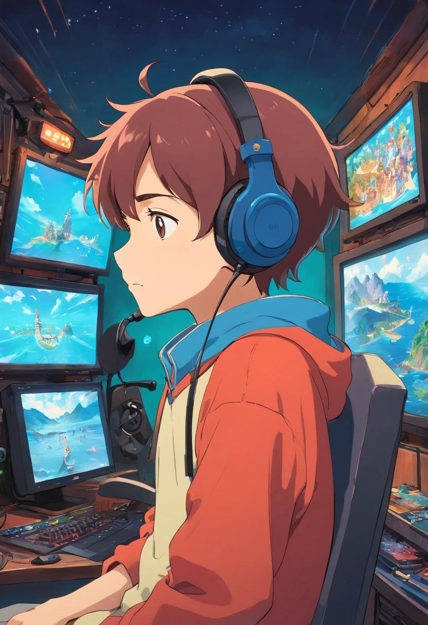 um  usando um headset de anime, pele escura, no estilo de quarto gamer, animated color photos, Masami Teraoka, gamer, Paulo Gauguin, Estilo Embry, retrato honesto