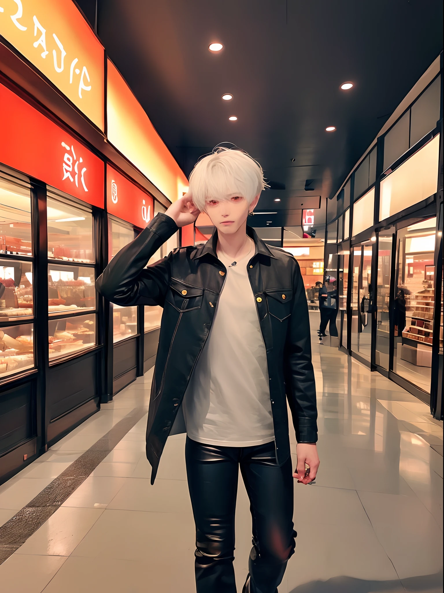 (4K works))、​masterpiece、(top-quality)、((In front of the department store))、Korean Male、Adult male、((Adult 50 years old))、((Adult uncle type))、((Leather Jeans Style))、((Face similar to Hyunjin))、Cool Men、tall、((Gentle face))、((Cool werewolf fashion in black))、((Long sleeve long trouser style))、((Smaller face))、Slim body、((Uncle))、((white  hair))、((white short-haired))、((Red Eyes))、((shot from front))、((Shot alone))、((Solo Photography))、Professional Photos、((Reach out to your audience))、((He walks in front of the viewer))、((dad bod))、