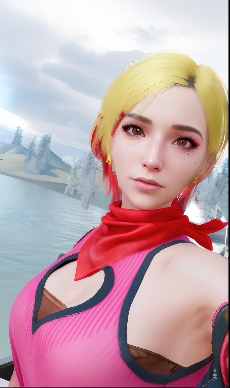 there is a woman with a pink top and red scarf, [ 4 k photorealism ]!!, unreal engine : : rave makeup, realistic artstyle, [ 4 k photorealism ]!!!, photorealistic artstyle, [ 4 k photorealism ], as a character in tekken, artgerm ; 3d unreal engine, realism artstyle, photorealistic anime girl render