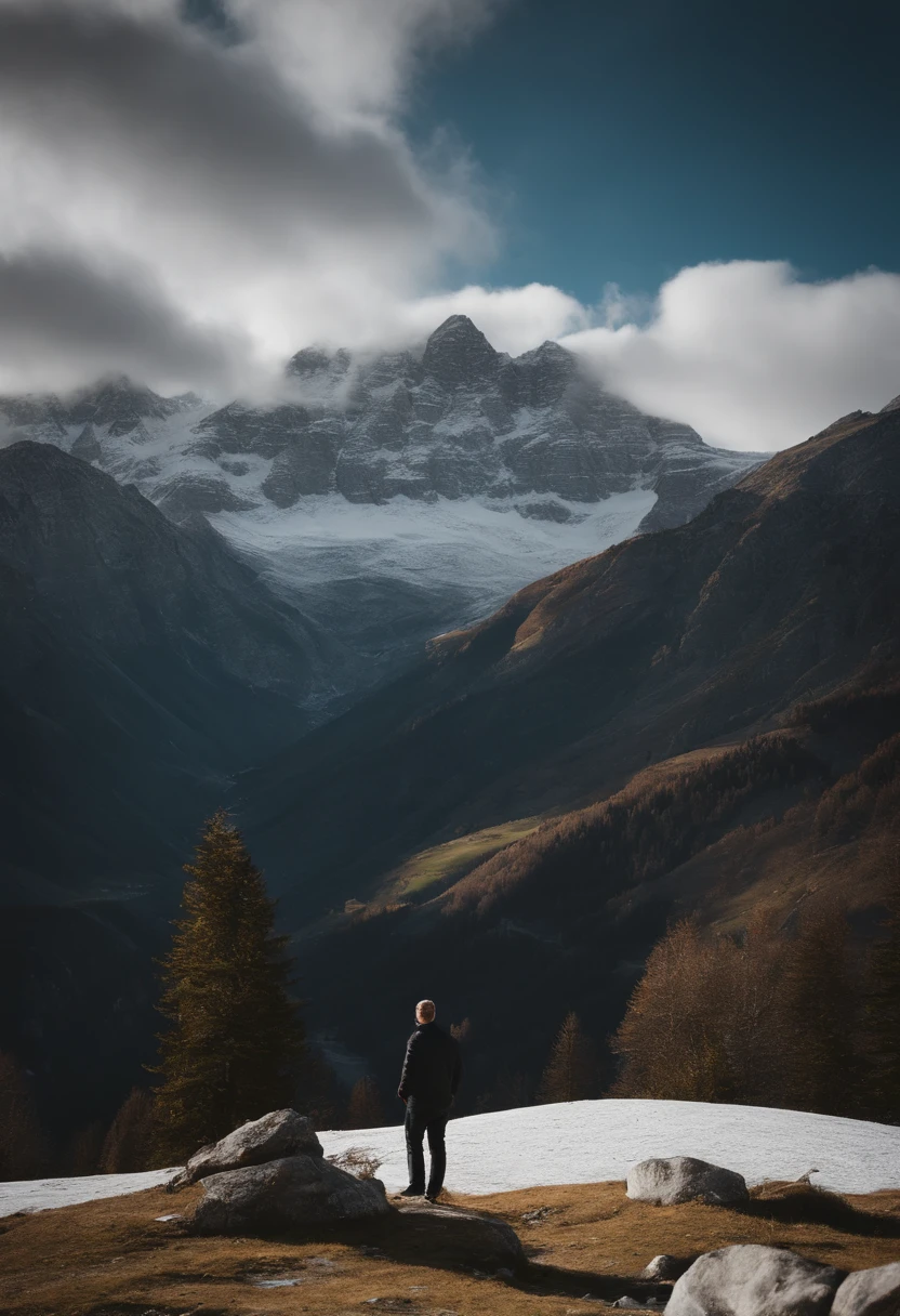 Man in black sweater standing in front of a snowy mountain, in the swiss alps, apenas neve no fundo, nas montanhas, com montanhas ao fundo, album photo, com montanhas no fundo, Fotografia selfie 8k, Andreas, only snow i the background, imagem do avatar, Dolomitas no fundo, Moutain no fundo, nas montanhas